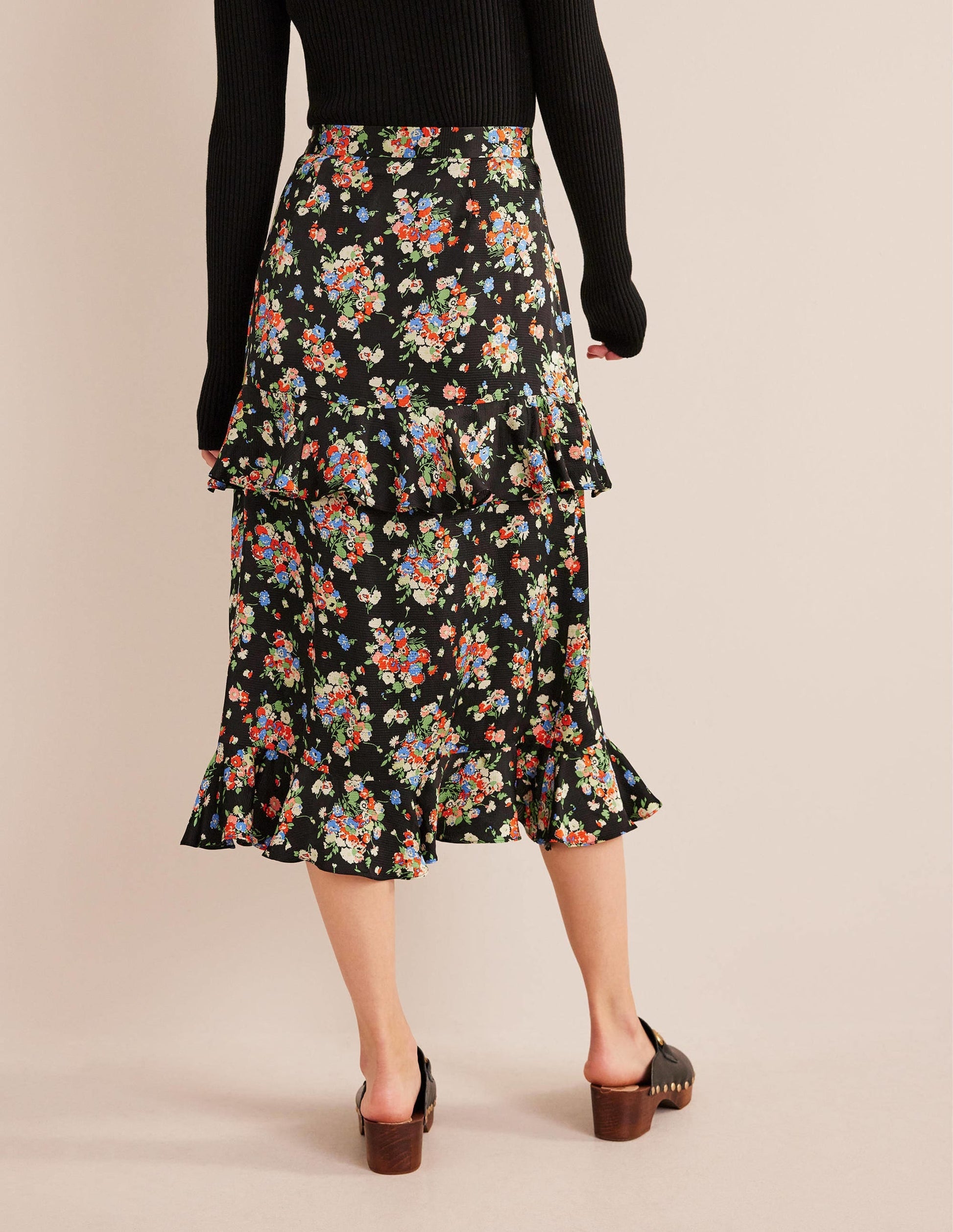 Satin Ruffle Midi Skirt-Black, Wild Cluster-3