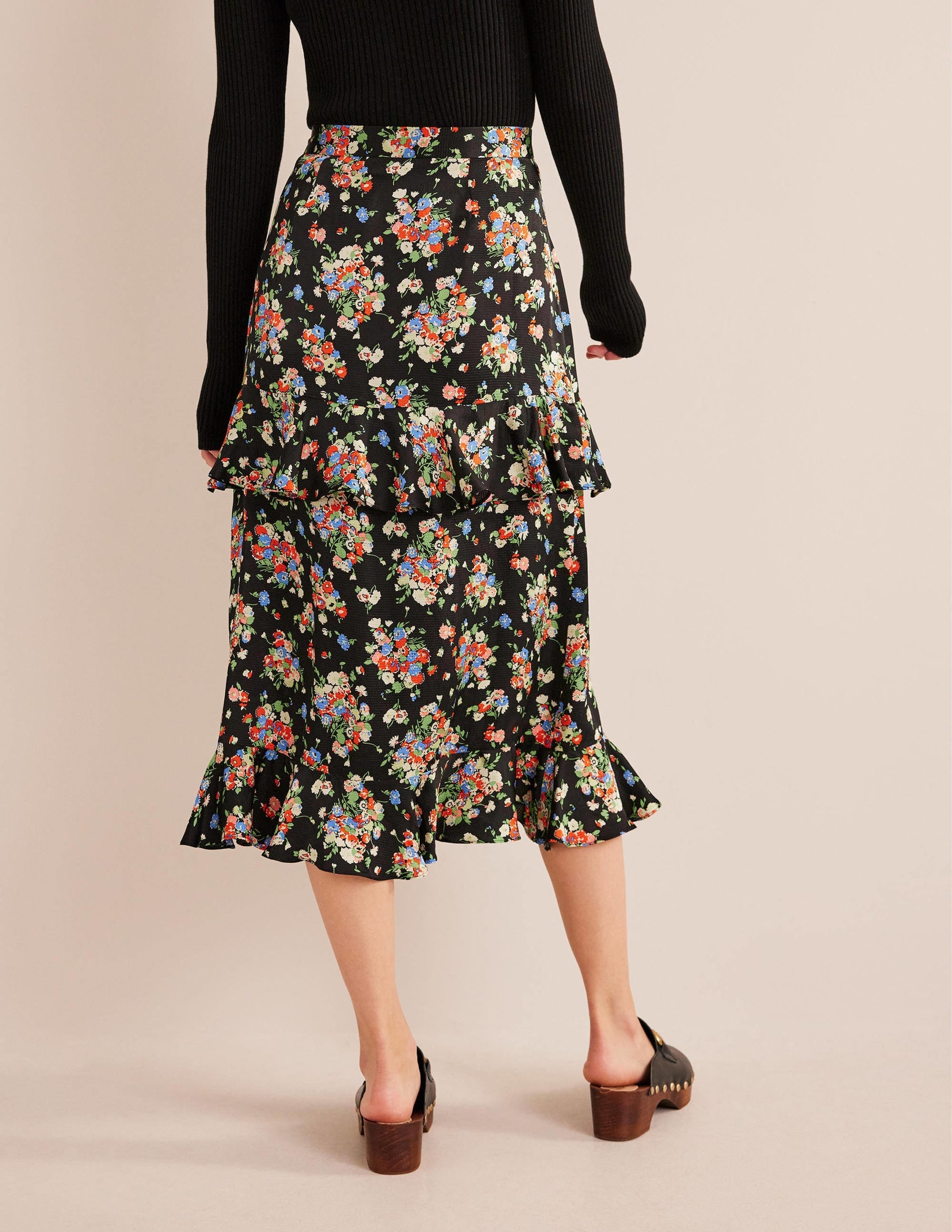 Satin Ruffle Midi Skirt-Black, Wild Cluster - Image 3