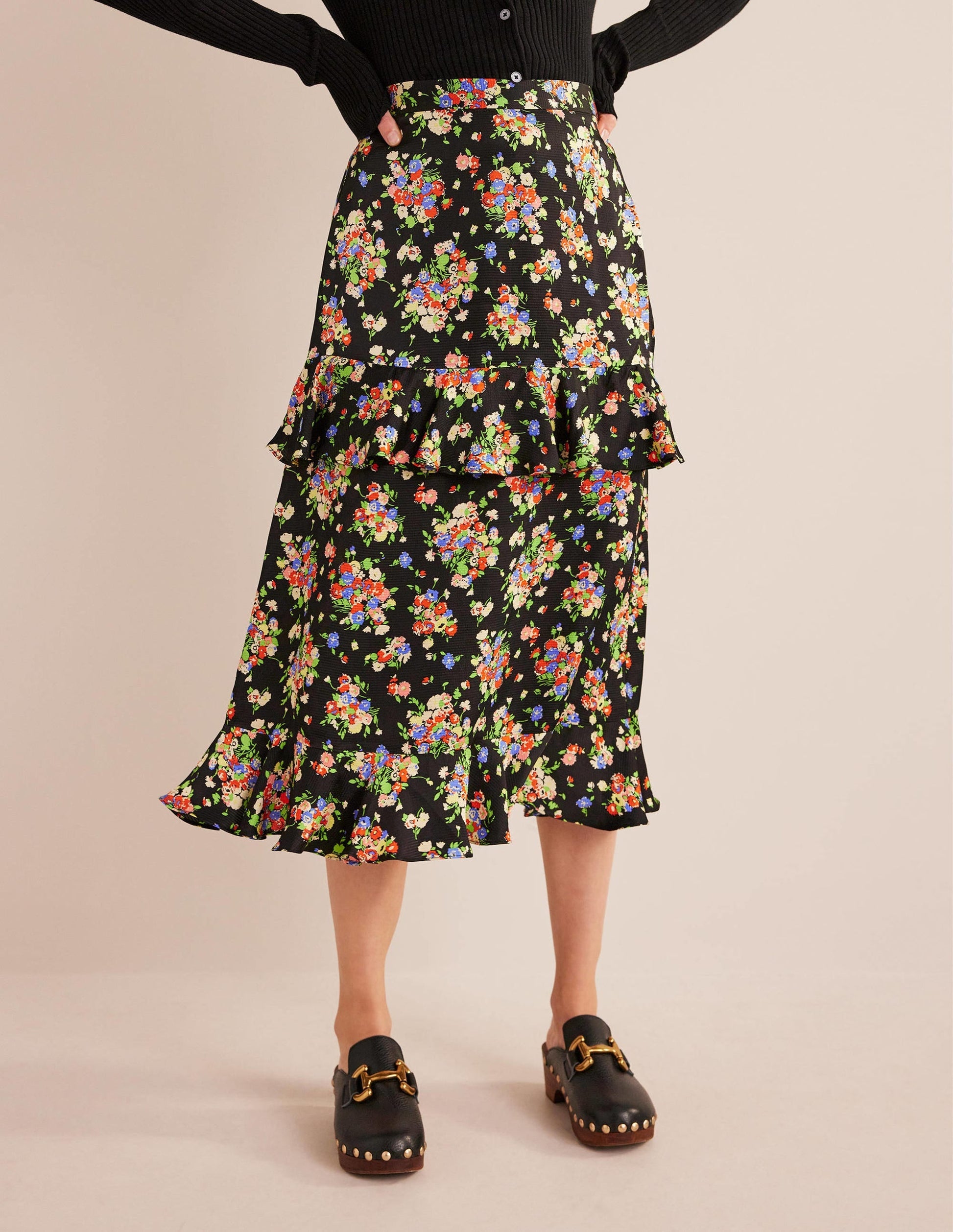 Satin Ruffle Midi Skirt-Black, Wild Cluster-4