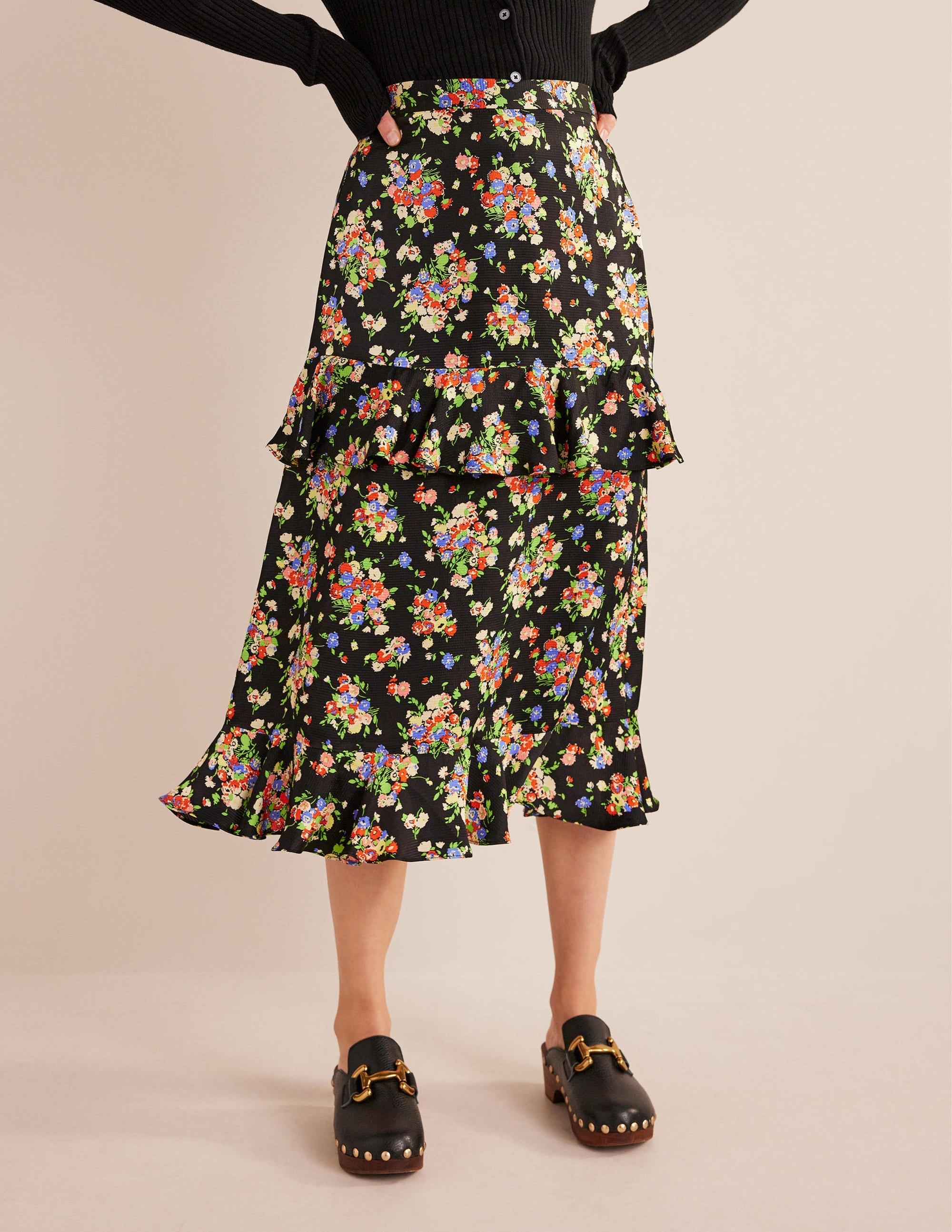 Satin Ruffle Midi Skirt-Black, Wild Cluster - Image 4