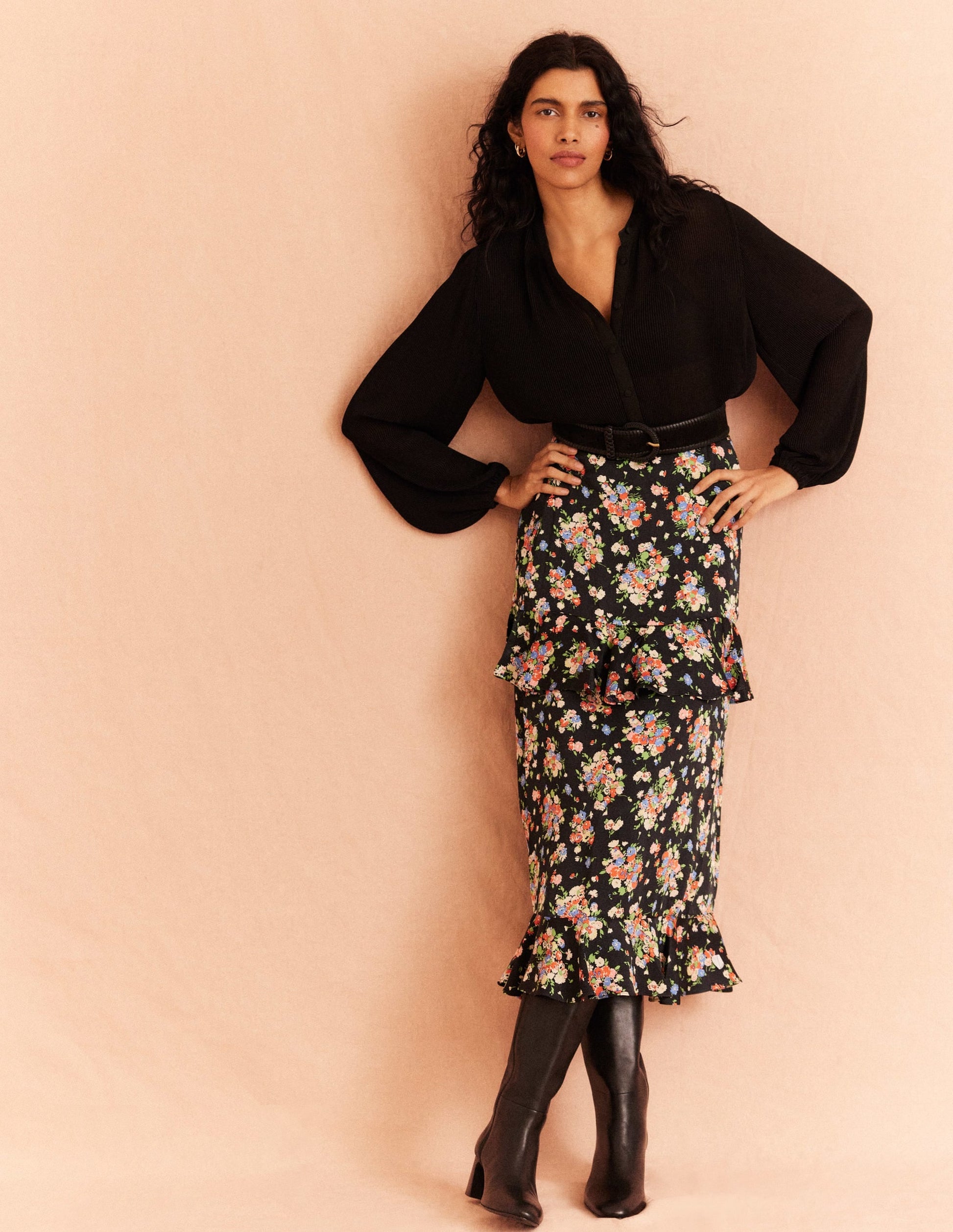 Satin Ruffle Midi Skirt-Black, Wild Cluster-5