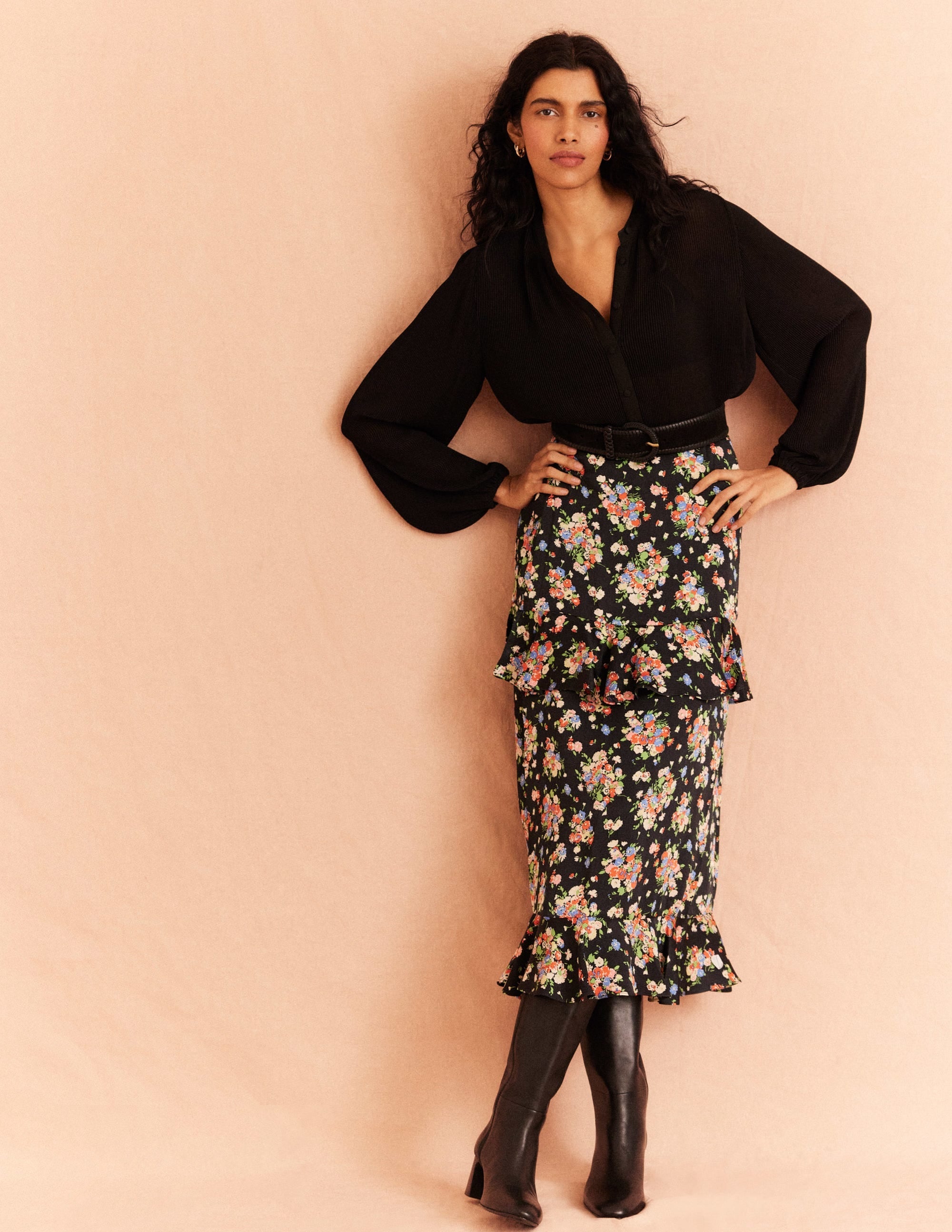 Satin Ruffle Midi Skirt-Black, Wild Cluster - Image 5