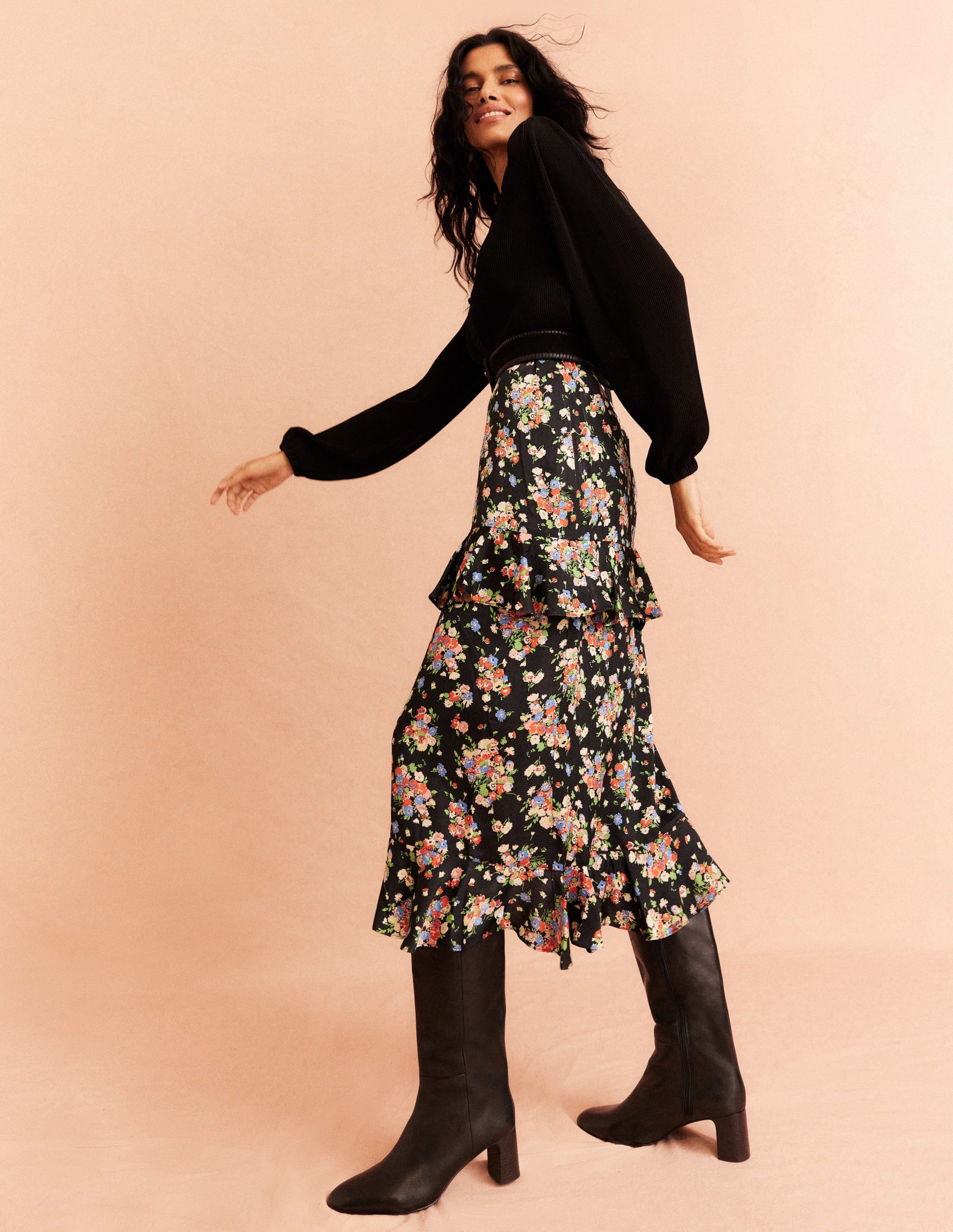 Satin Ruffle Midi Skirt-Black, Wild Cluster - Image 6