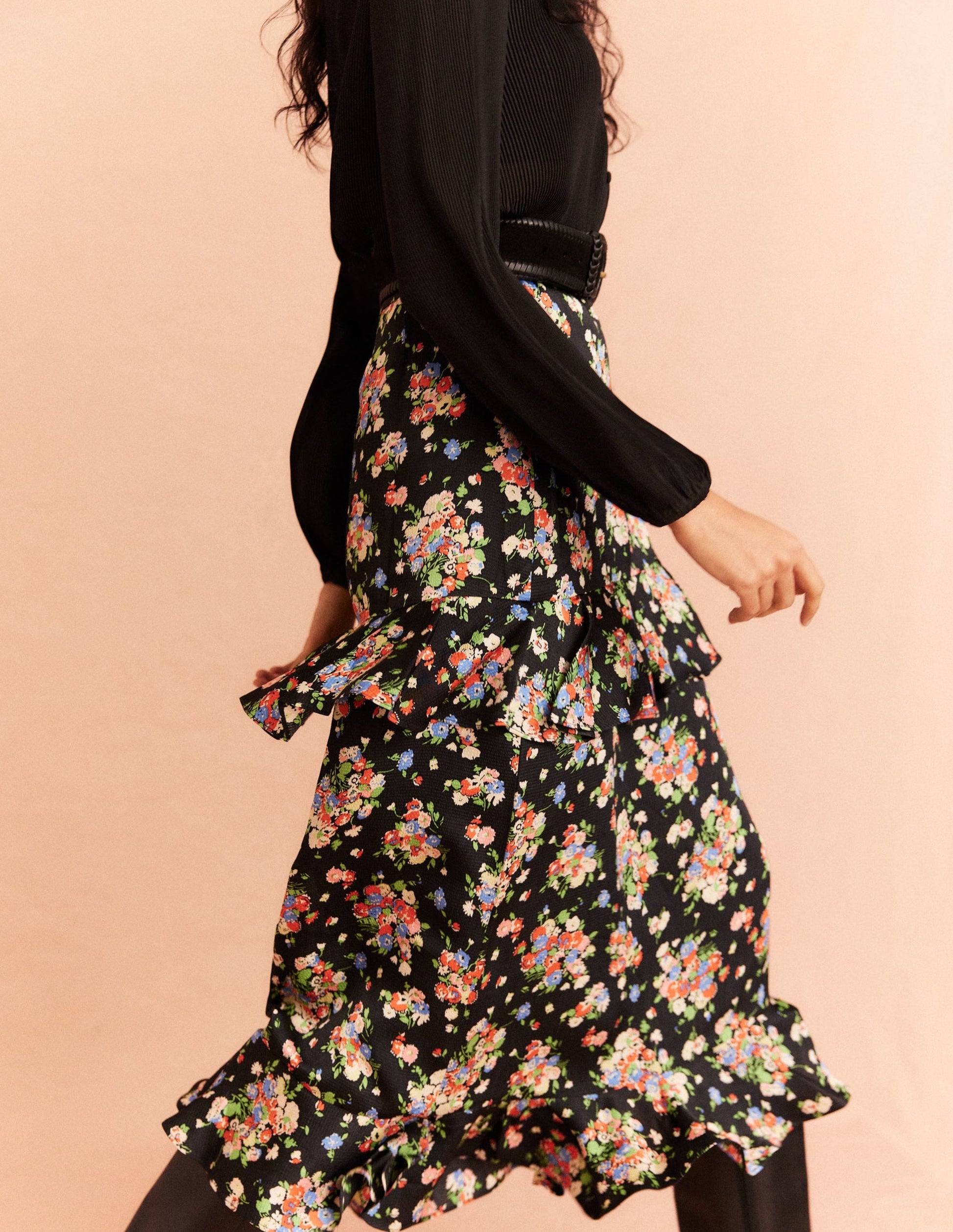 Satin Ruffle Midi Skirt-Black, Wild Cluster-7