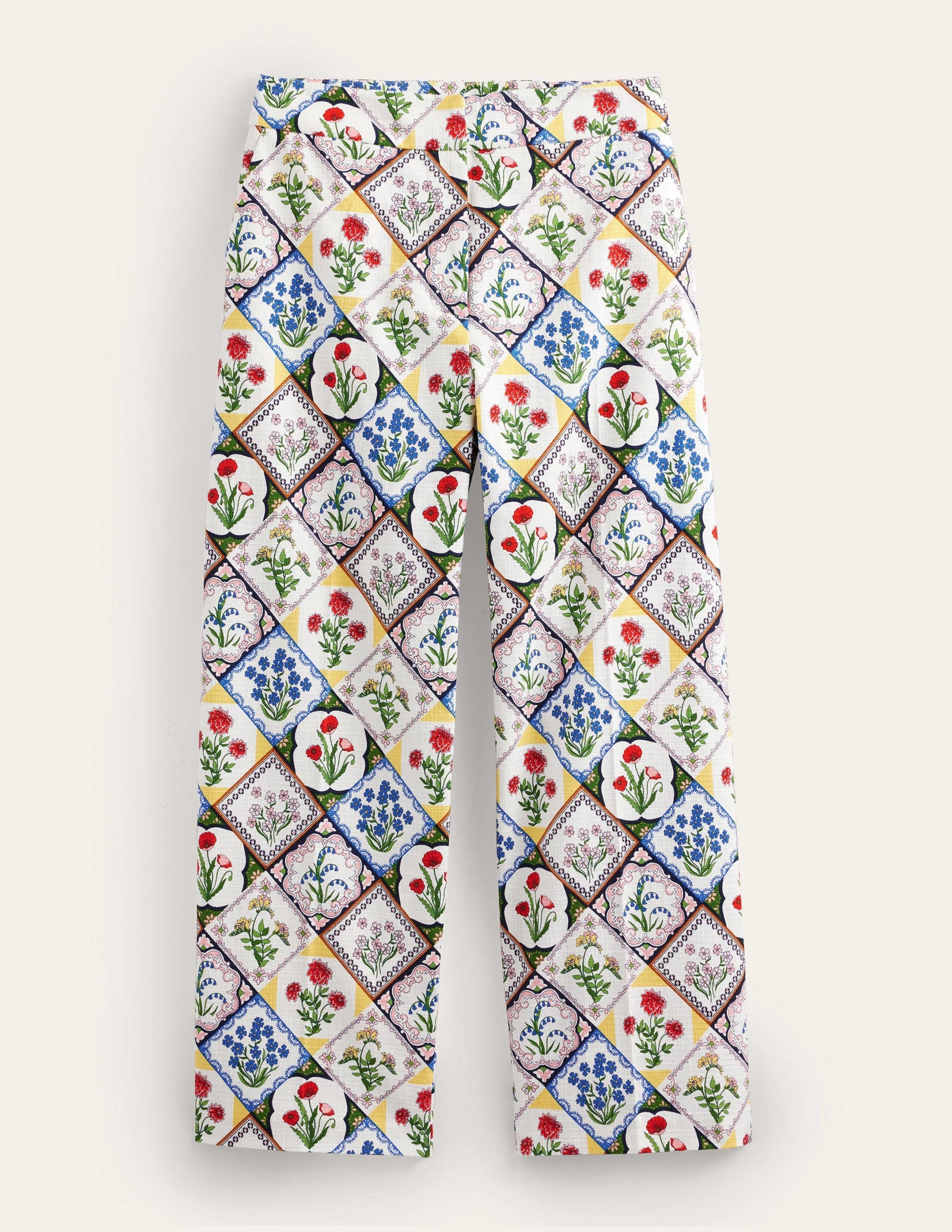 Printed Straight Trousers-Ivory, White Bluebell-6