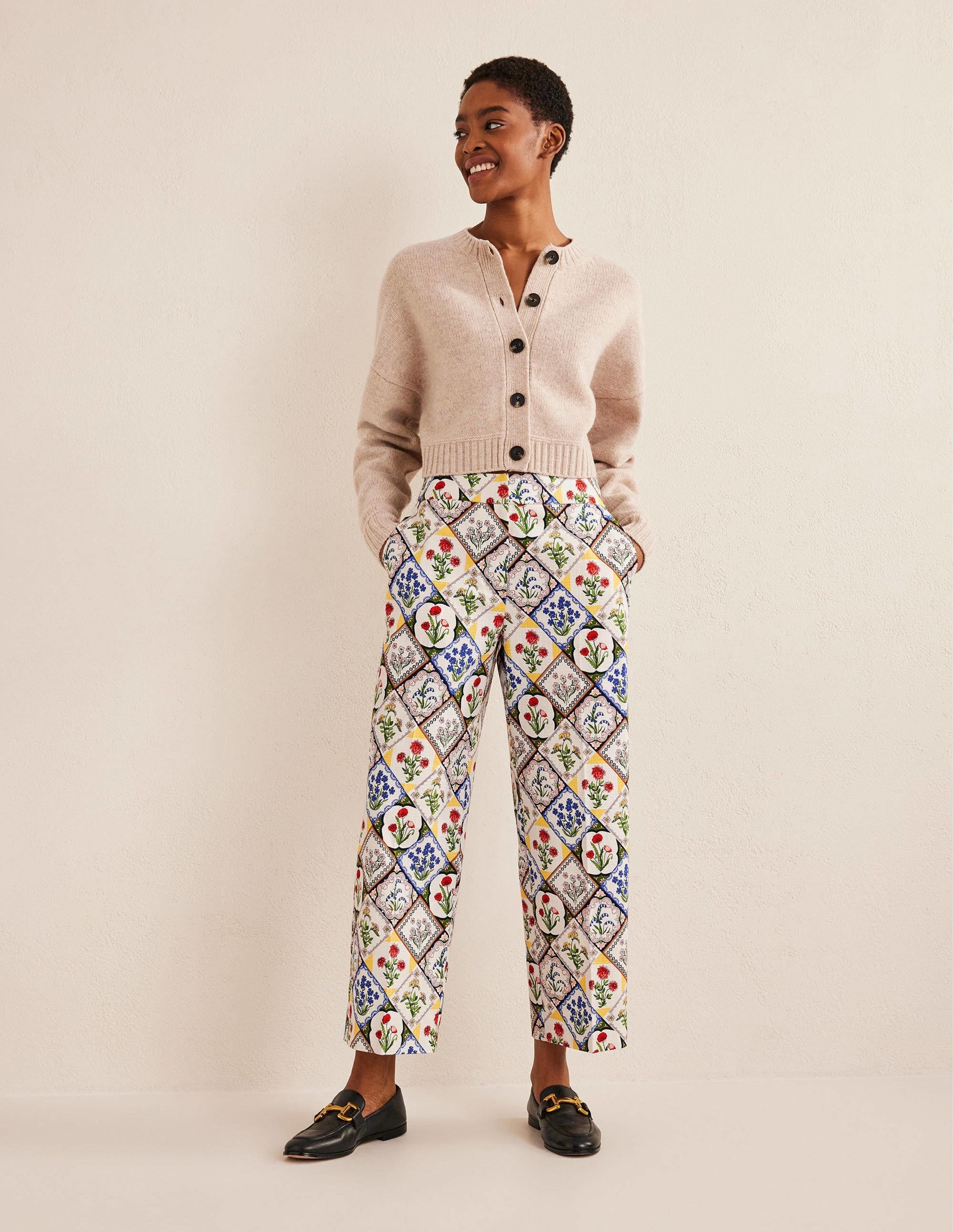 Printed Straight Trousers-Ivory, White Bluebell - Image 1