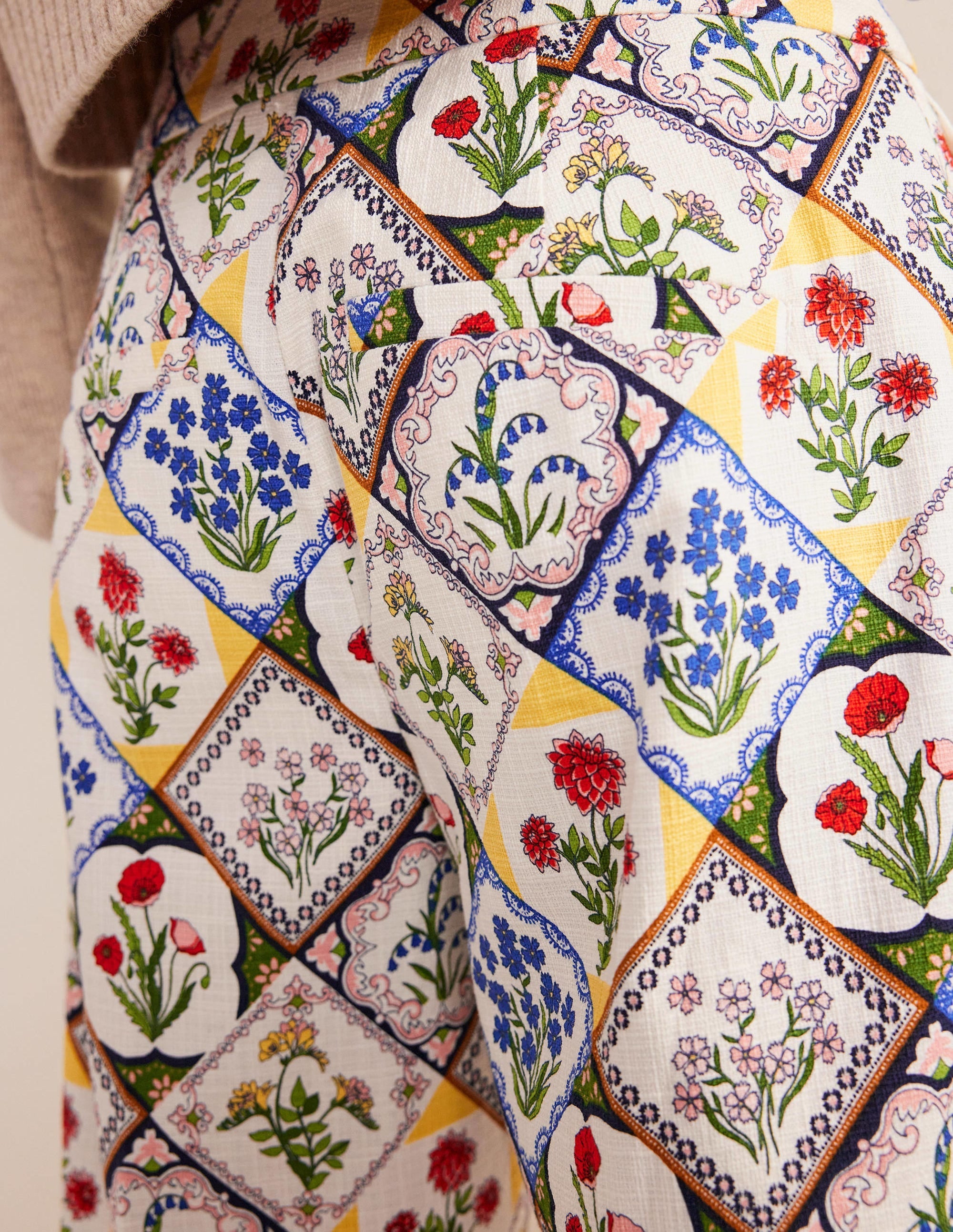Printed Straight Trousers-Ivory, White Bluebell - Image 2