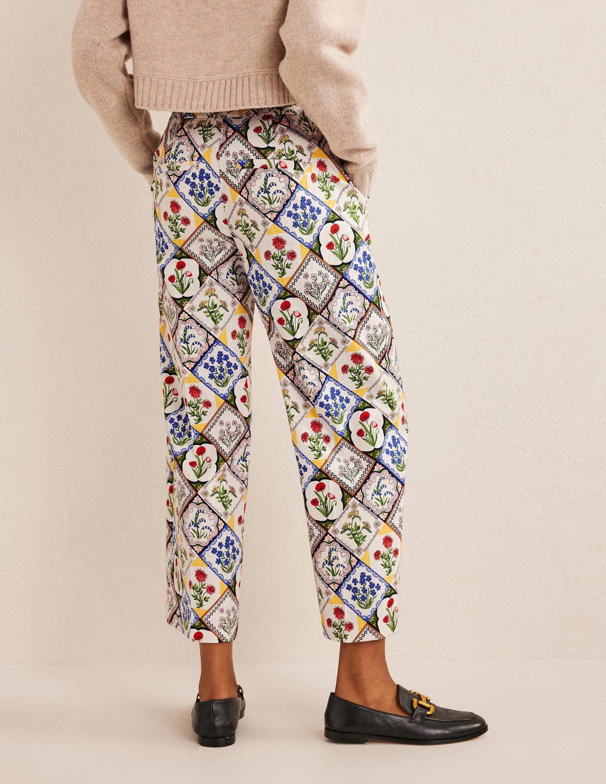 Printed Straight Trousers-Ivory, White Bluebell-3