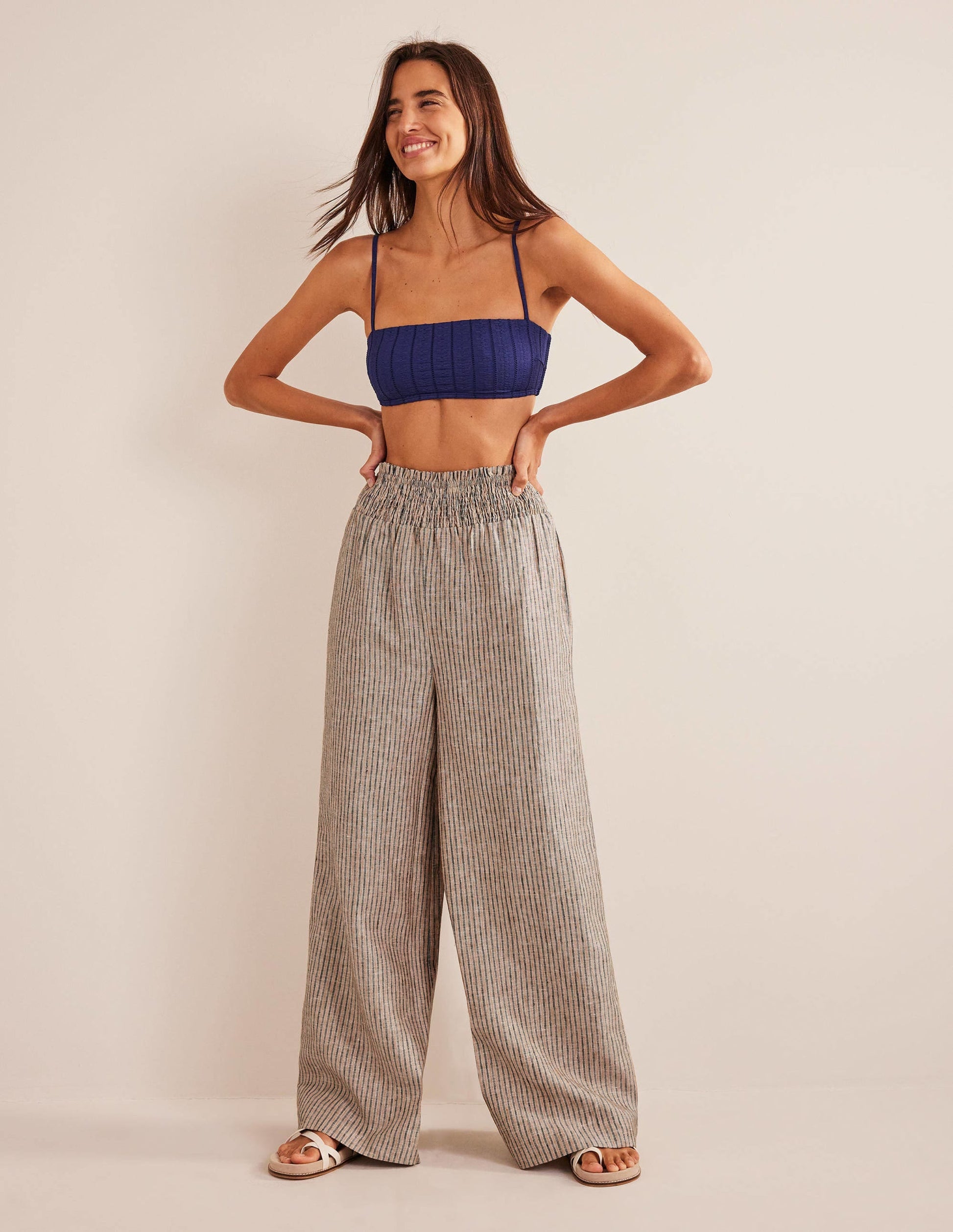 Linen Shirred Waist Trousers-Camel and Black Lurex Stripe-1