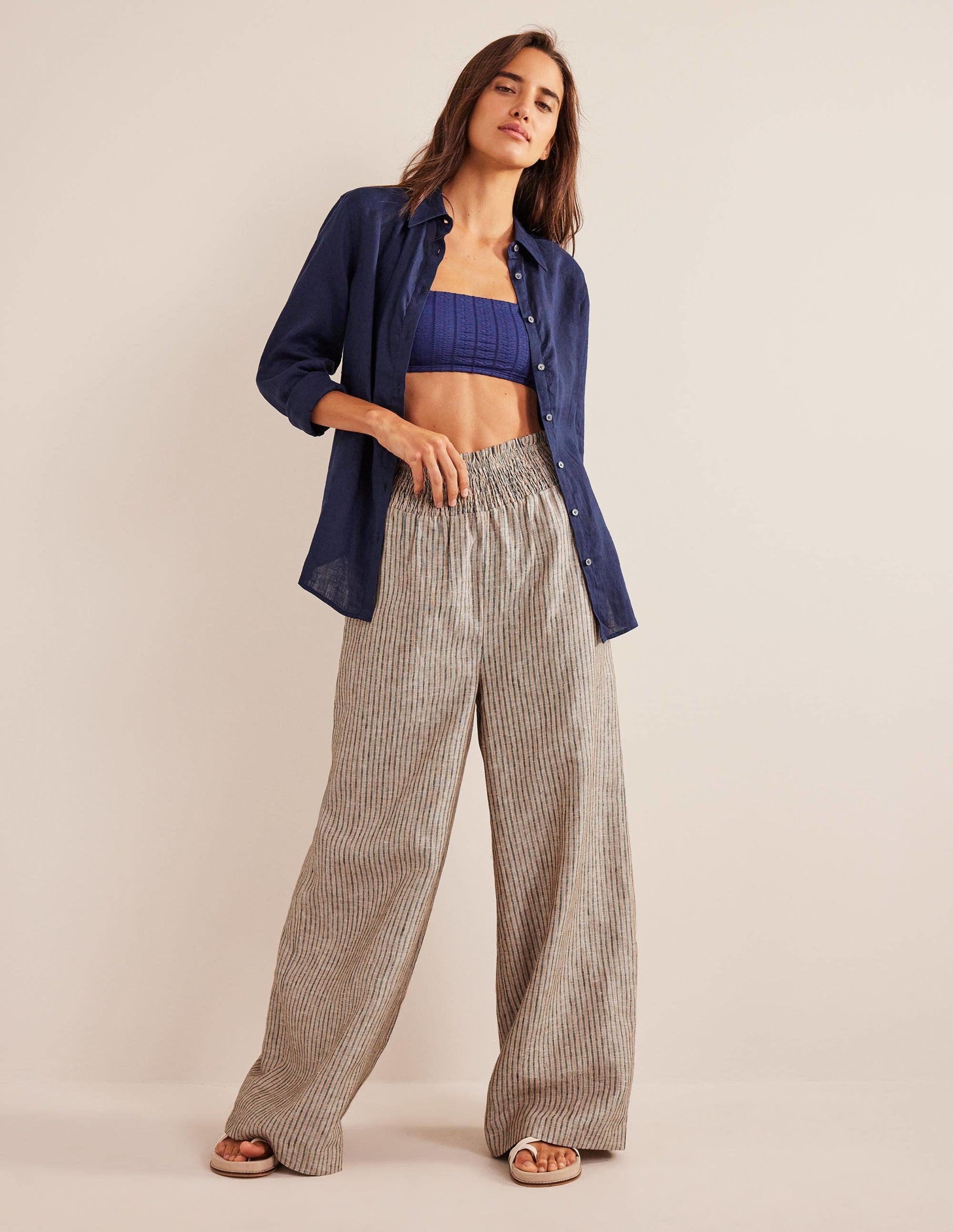 Linen Shirred Waist Trousers-Camel and Black Lurex Stripe - Image 5
