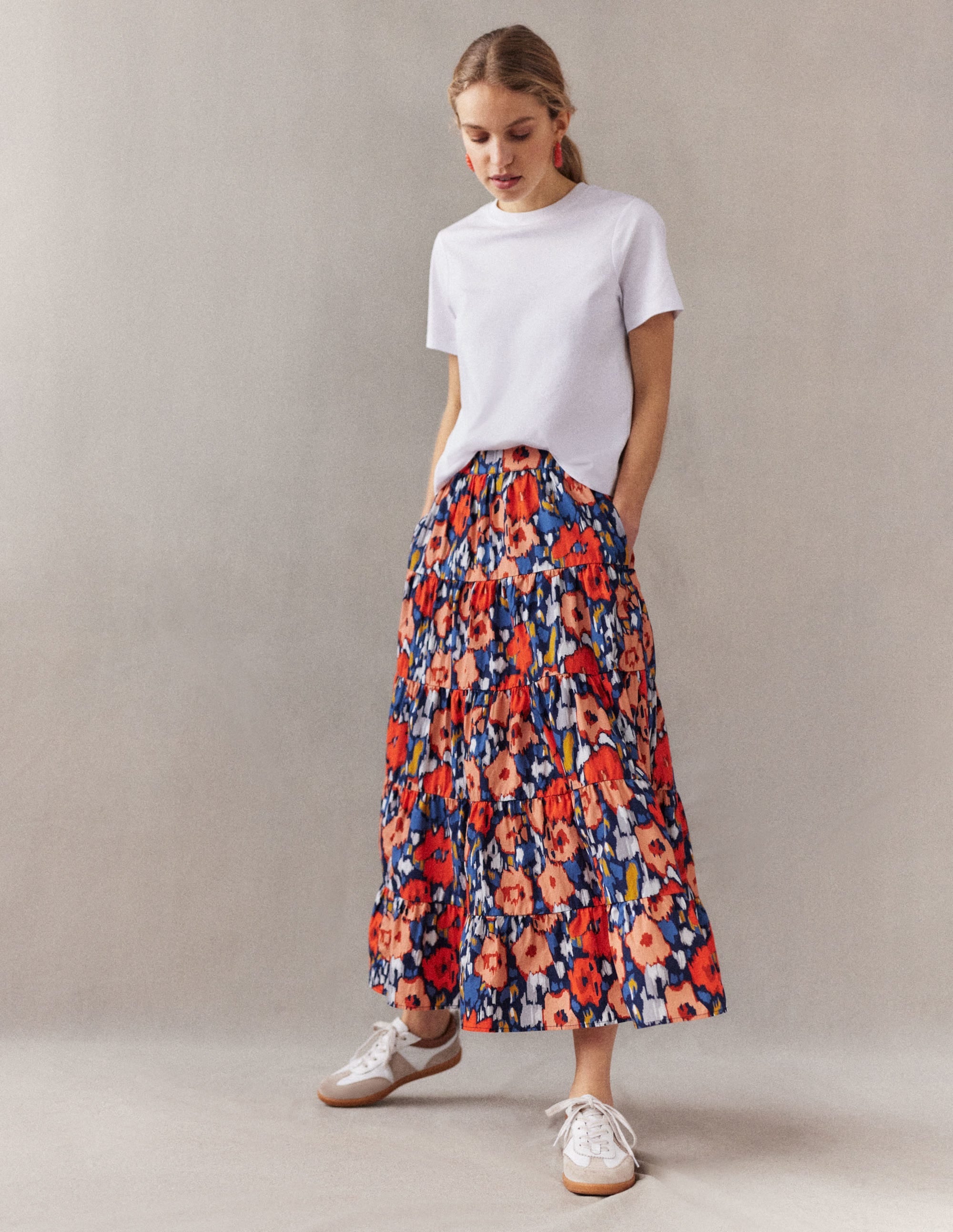 Tiered Poplin Midi Skirt-Navy, Abstract Poppy Large - Image 6