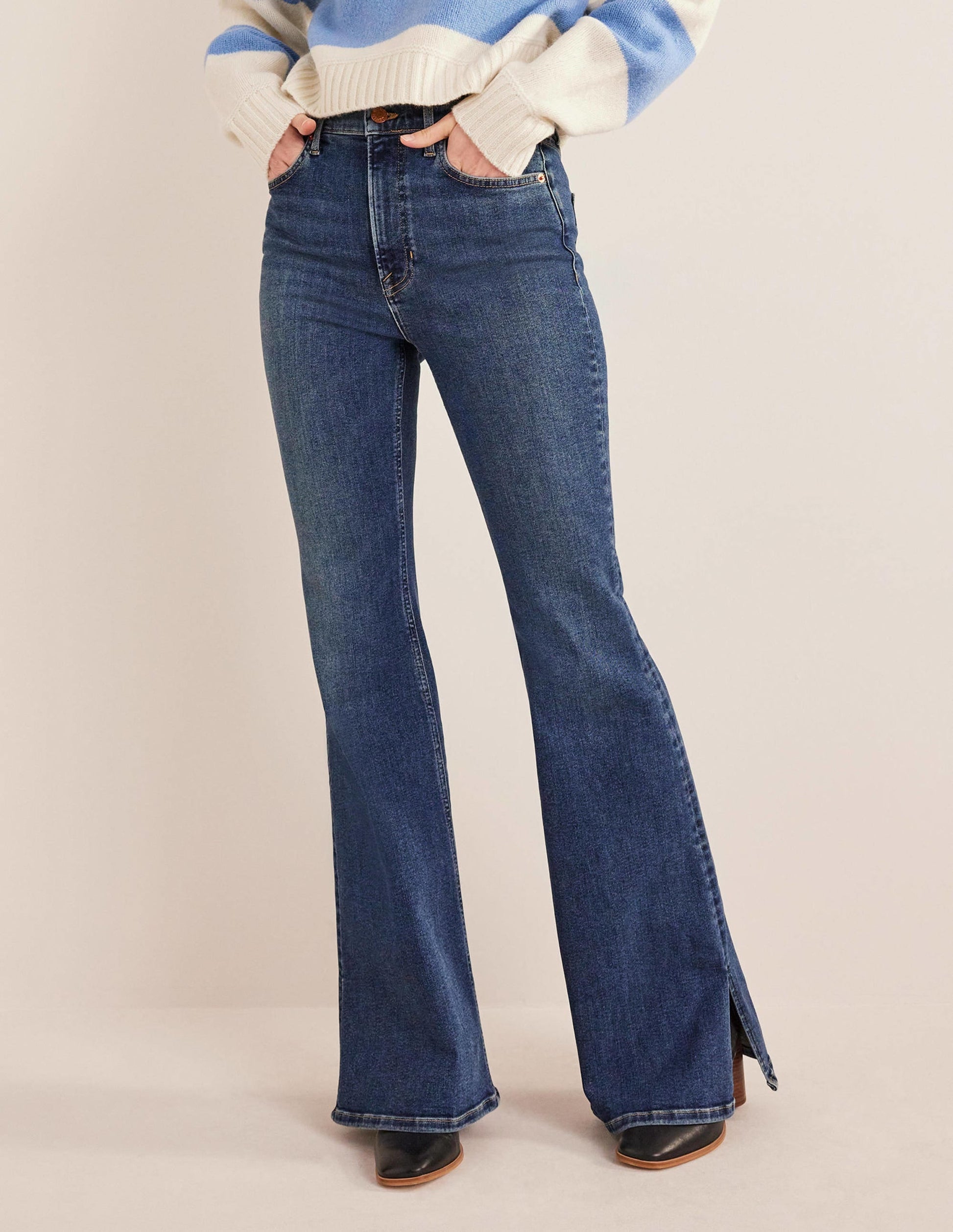 High Rise Split Flare Jeans-Indigo-4