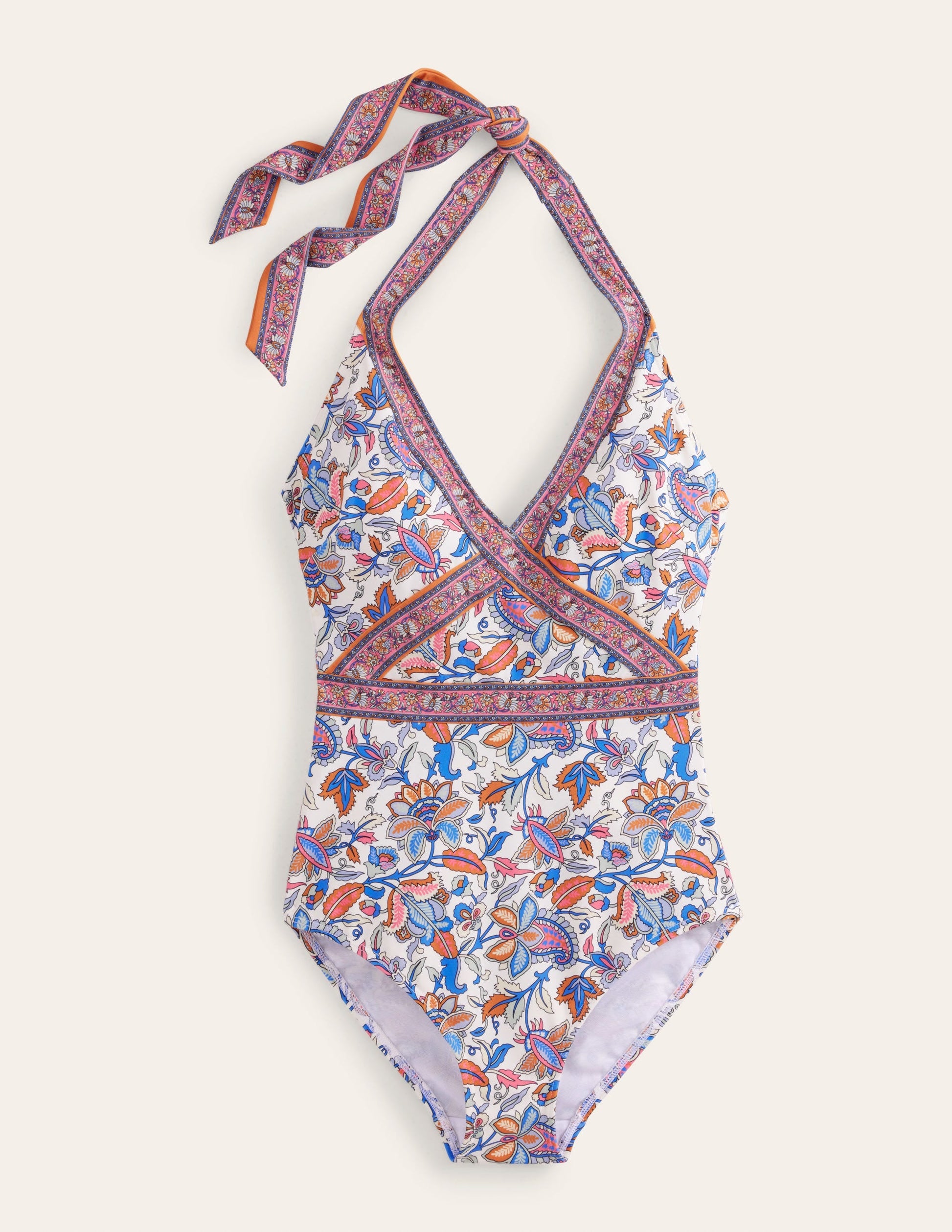 Kefalonia Halterneck Swimsuit-Ivory, Coral Paisley Vine-5