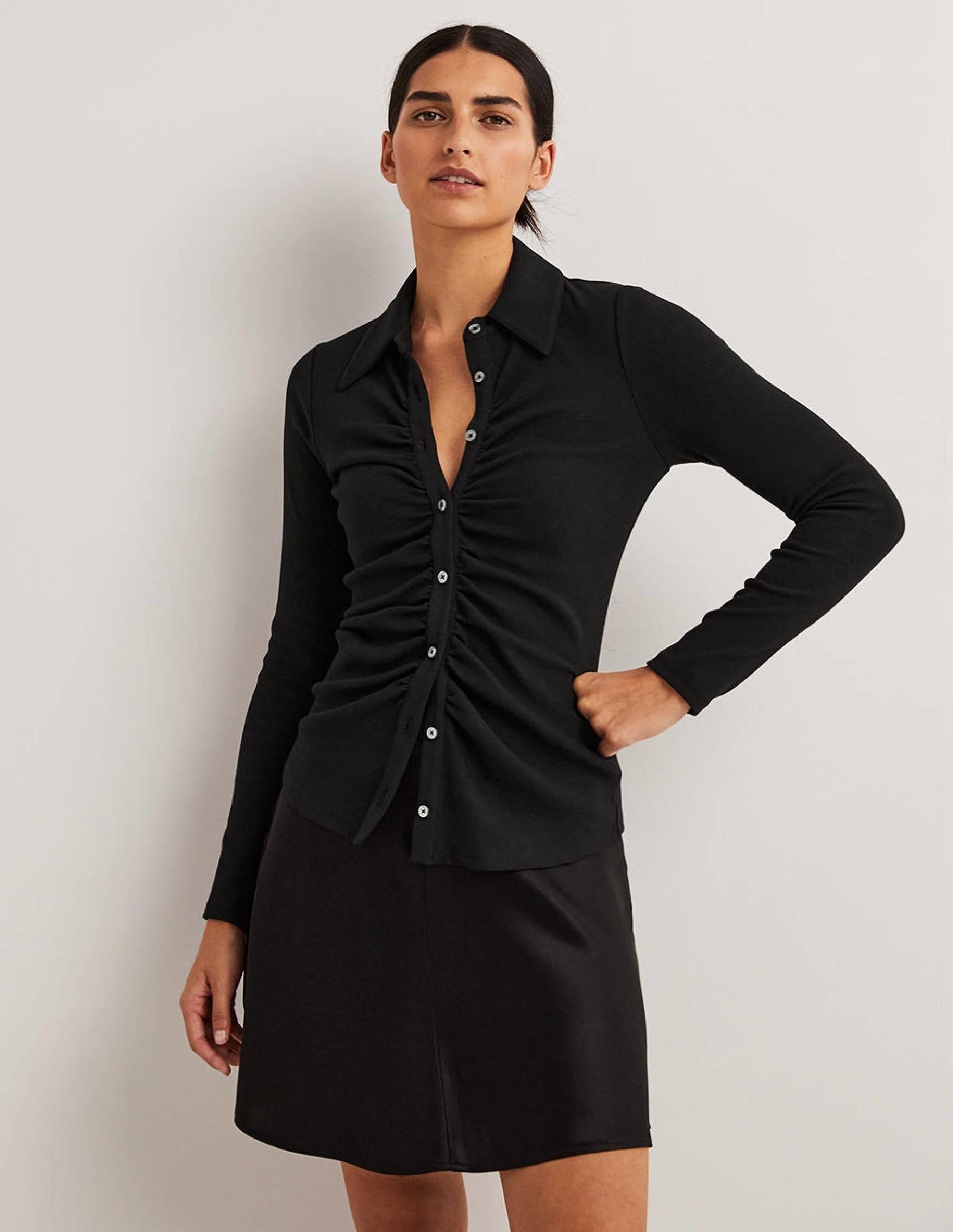 Ruched Front Jersey Shirt-Black-1