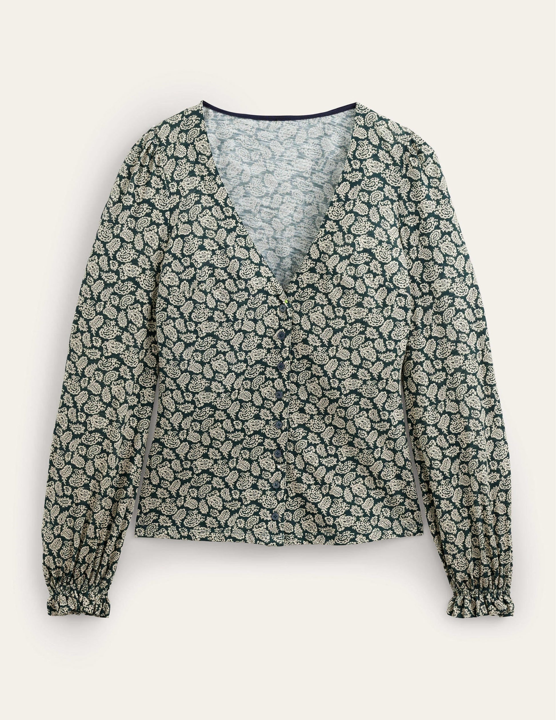 Button Front V-Neck Top-Cavelo Nero, Paisley Pop-5