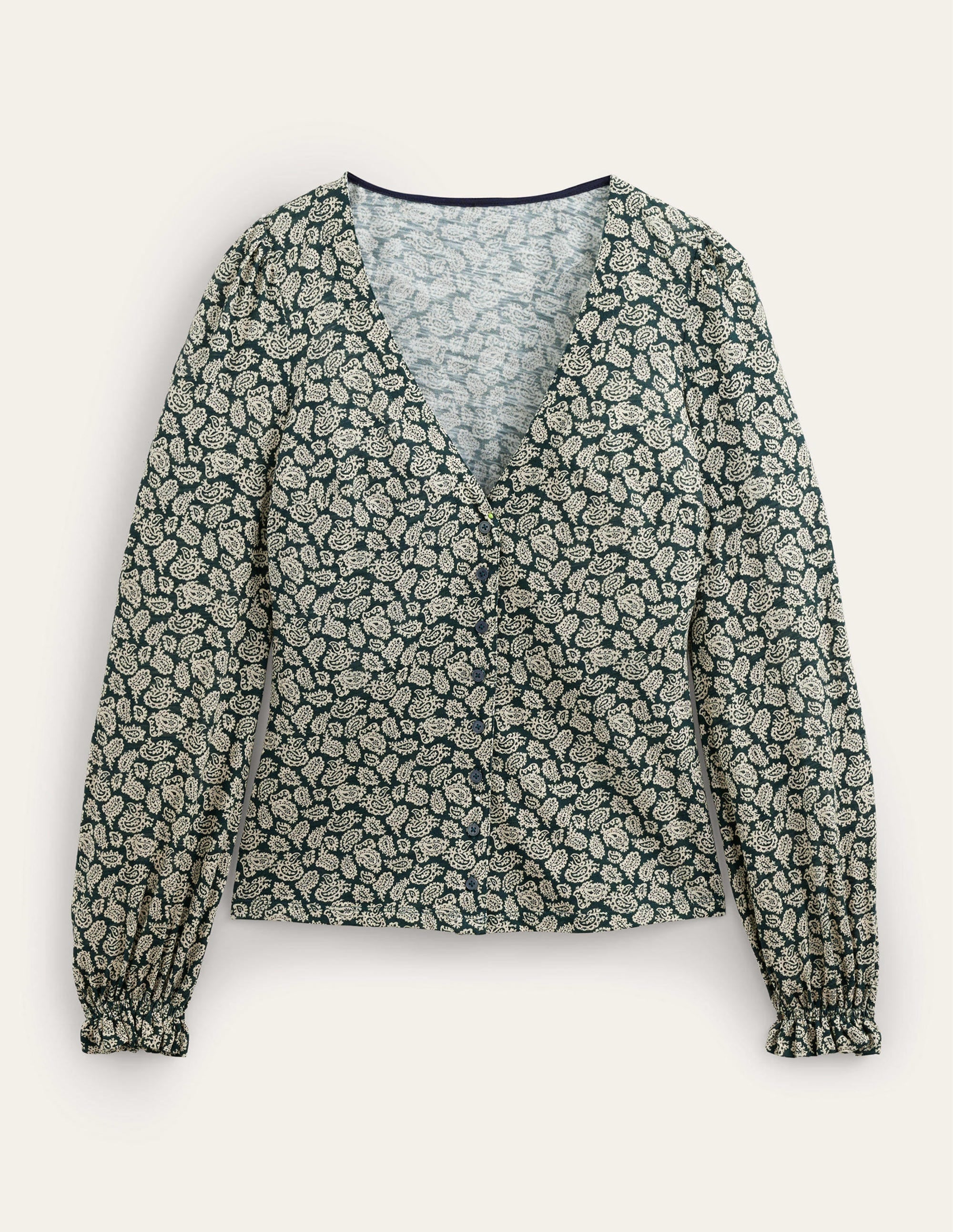 Button Front V-Neck Top-Cavelo Nero, Paisley Pop - Image 5
