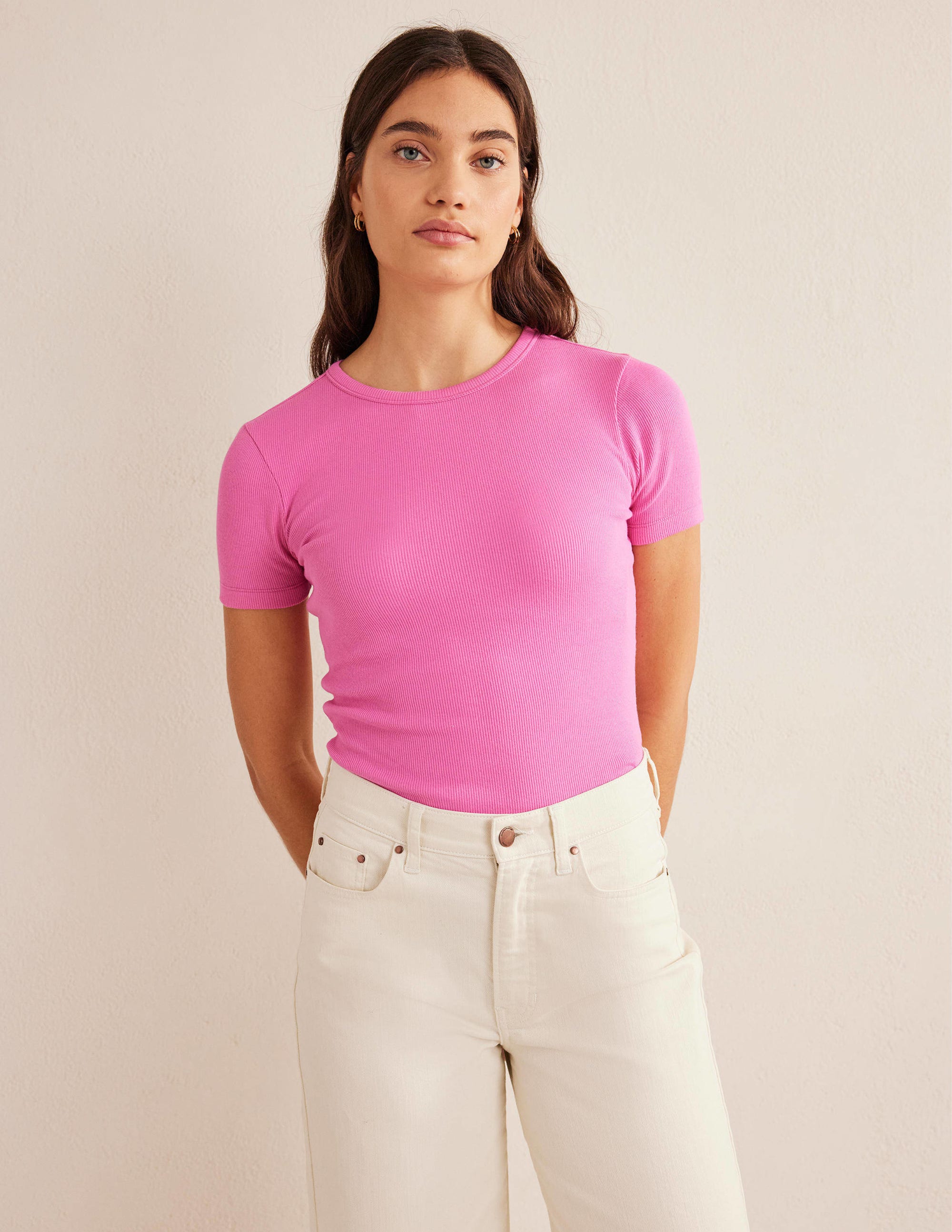 Ribbed Crew Neck T-shirt-Plum Blossom - Image 1