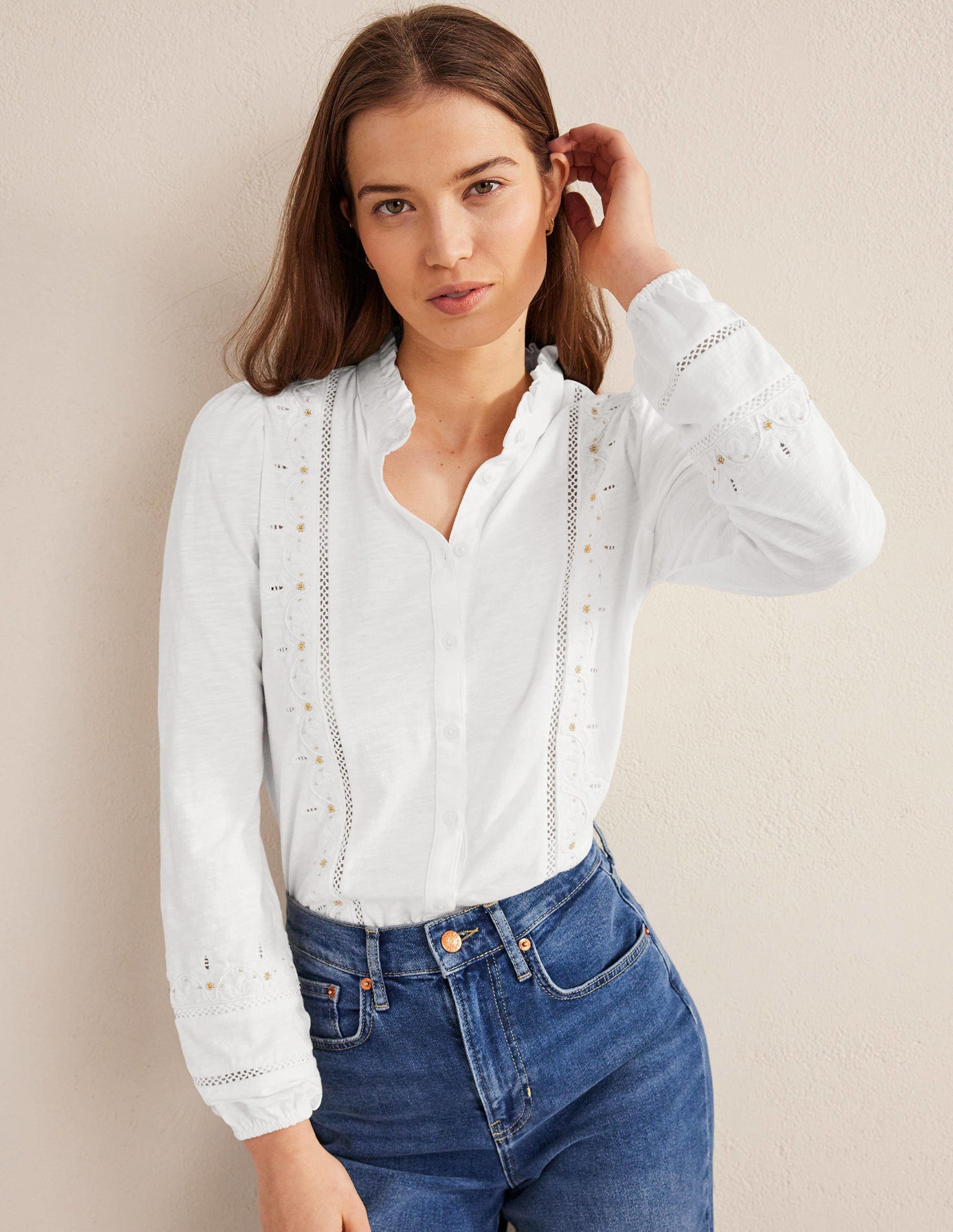 Embroidered Jersey Shirt-White-1