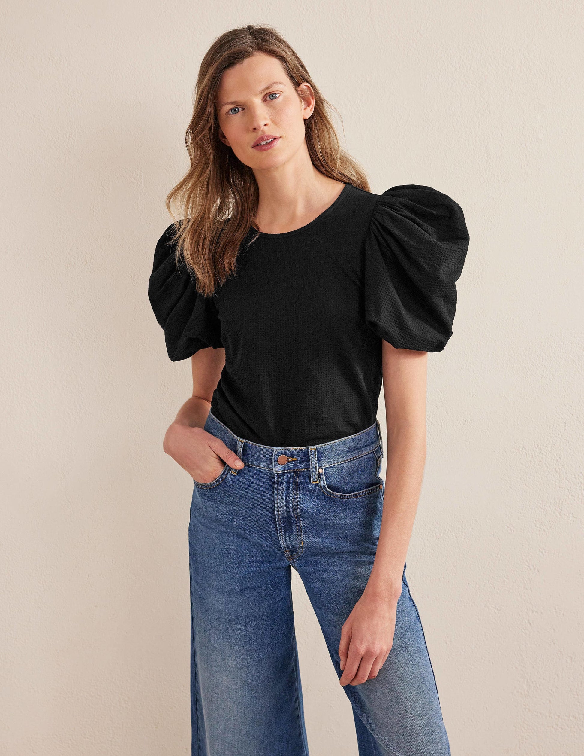 Puff Sleeve Jersey Top-Black-1