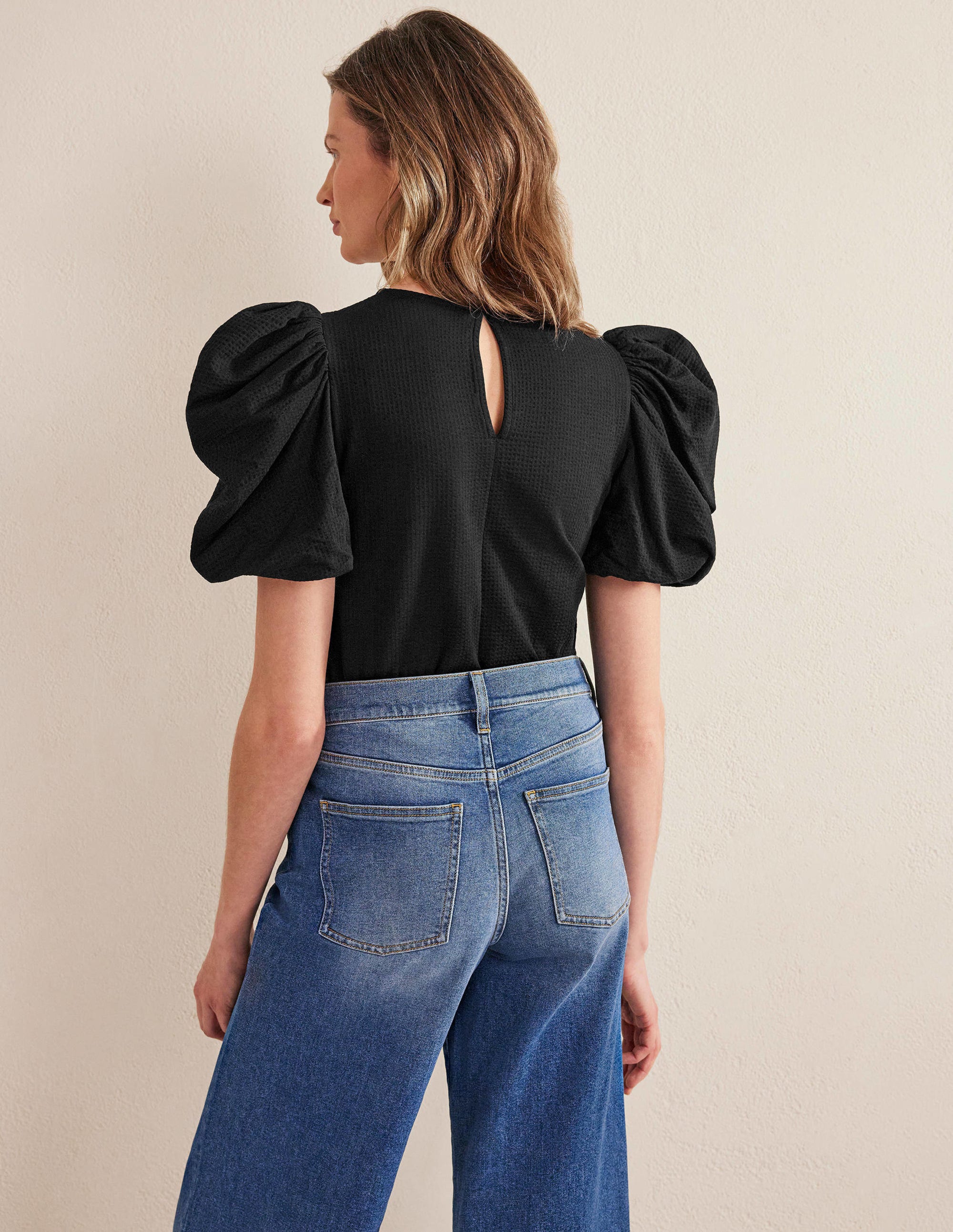 Puff Sleeve Jersey Top-Black - Image 3
