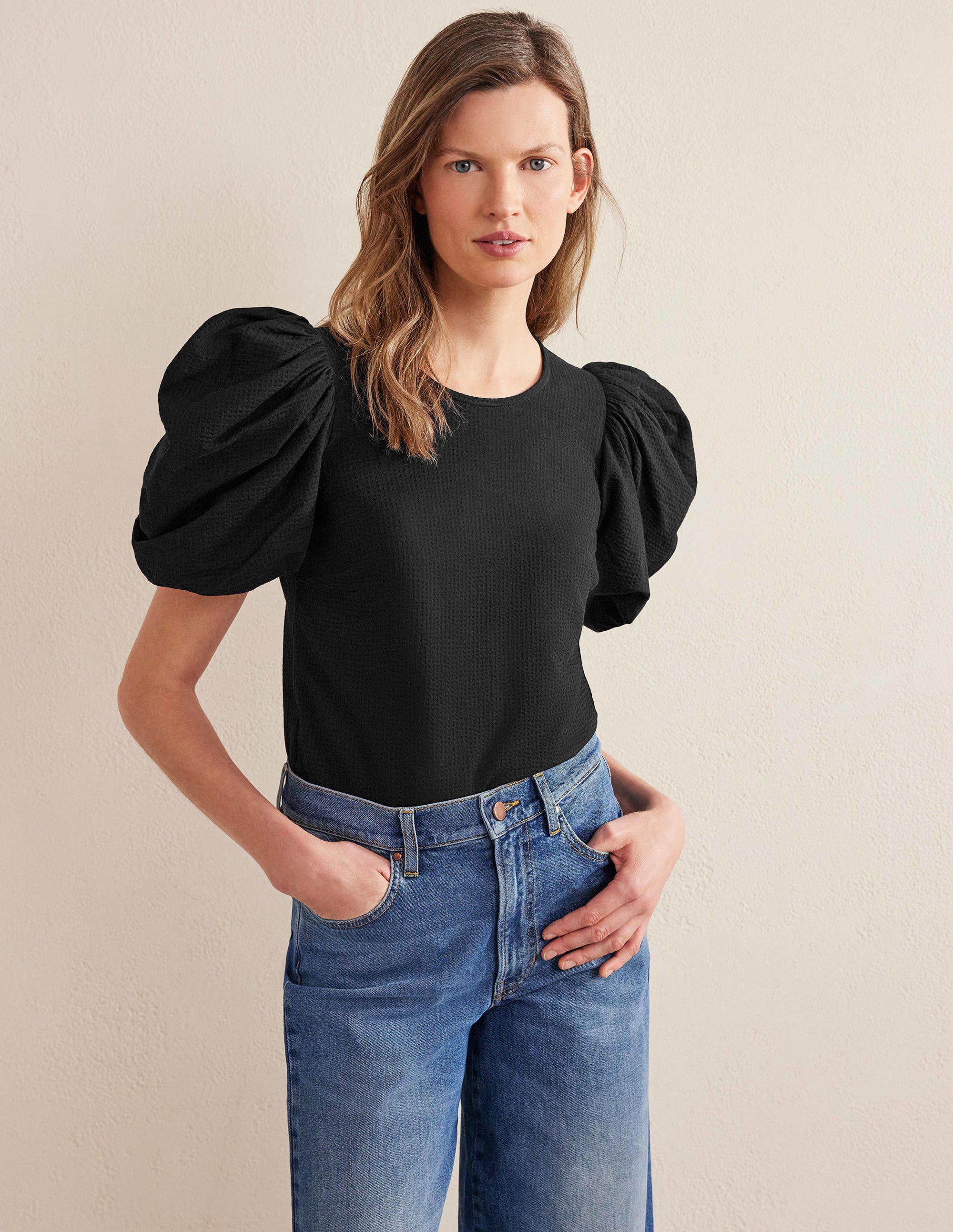 Puff Sleeve Jersey Top-Black - Image 4