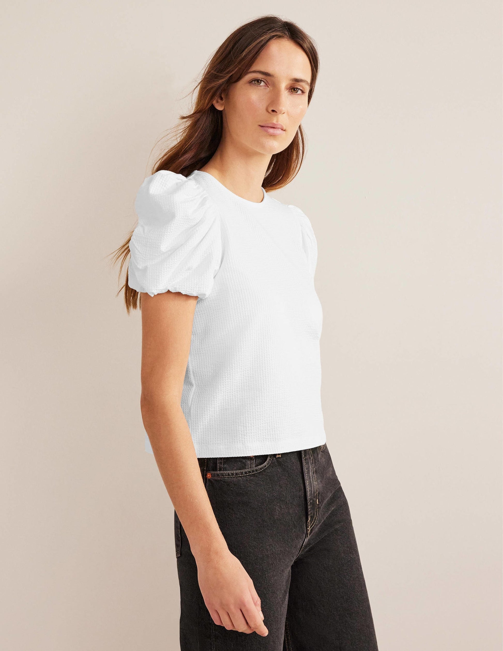 Puff Sleeve Jersey Top-White-4