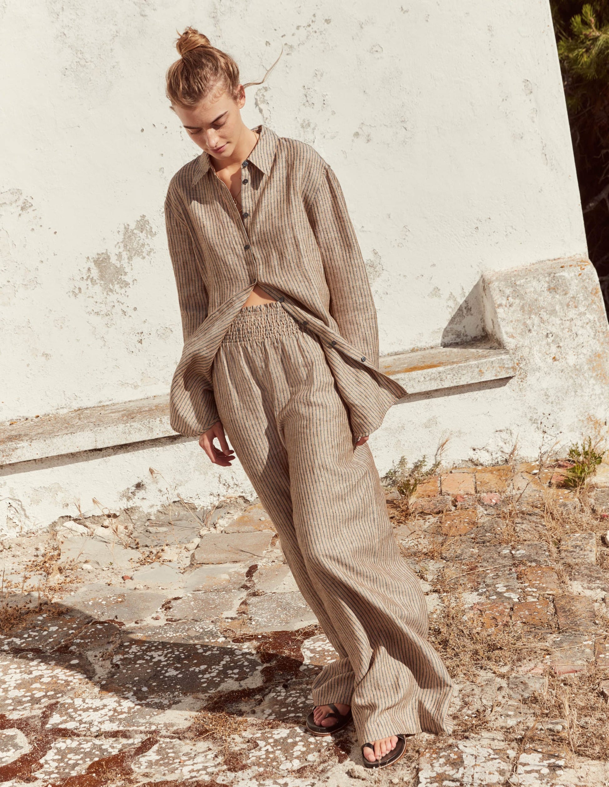 Relaxed Linen Shirt-Camel and Black Sparkle Stripe-6