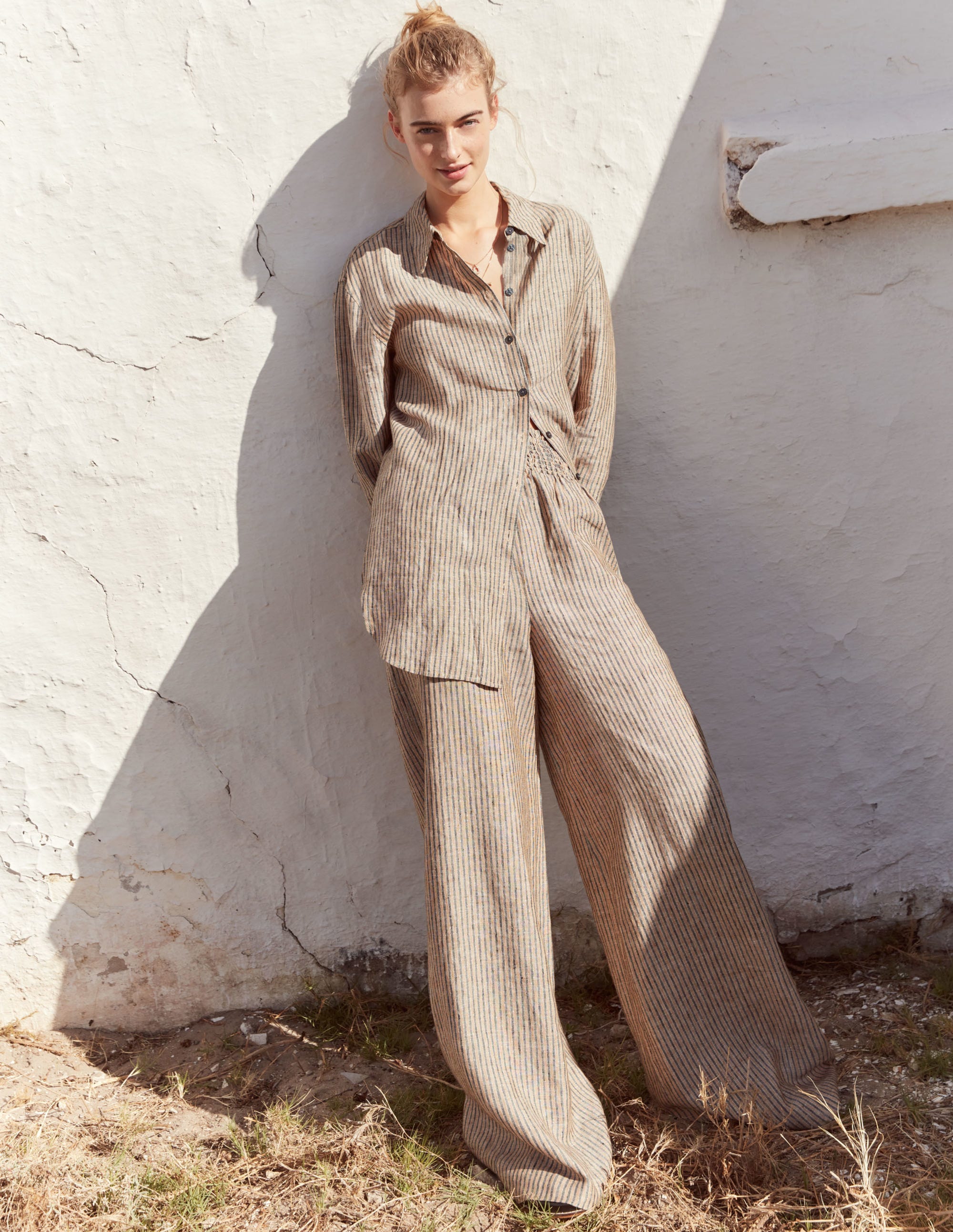 Relaxed Linen Shirt-Camel and Black Sparkle Stripe - Image 7