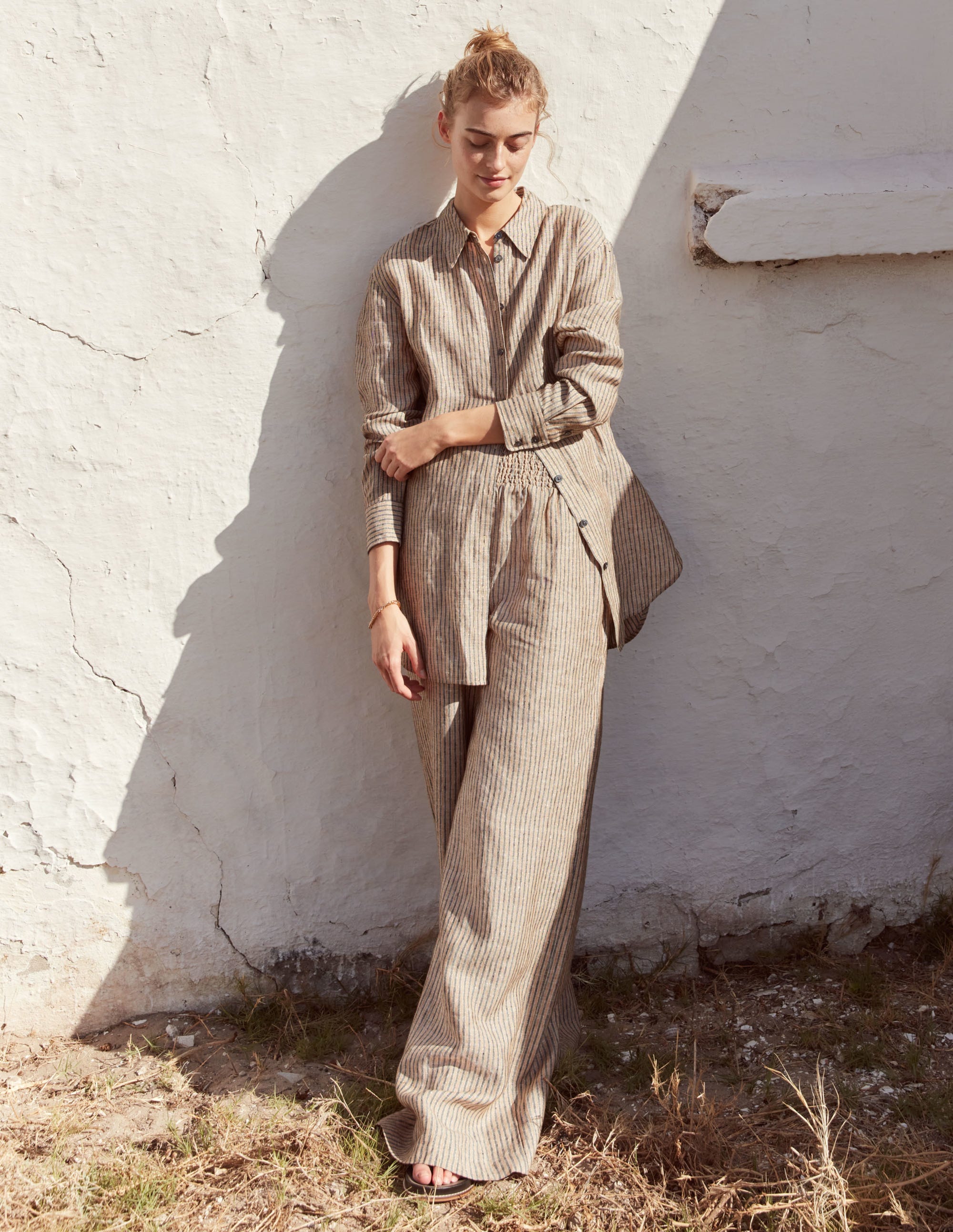 Relaxed Linen Shirt-Camel and Black Sparkle Stripe - Image 8