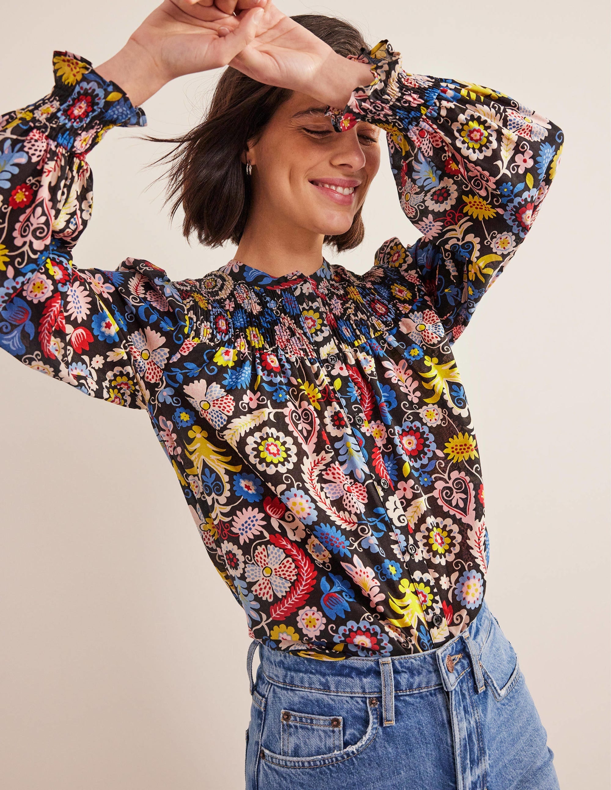 Smocked Yoke Cotton Blouse-Multi, Tropic Charm - Image 1