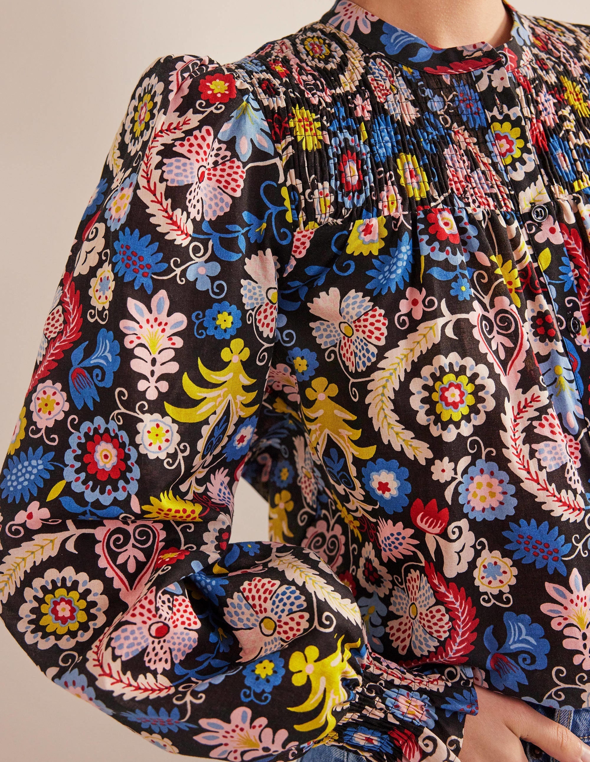 Smocked Yoke Cotton Blouse-Multi, Tropic Charm - Image 2