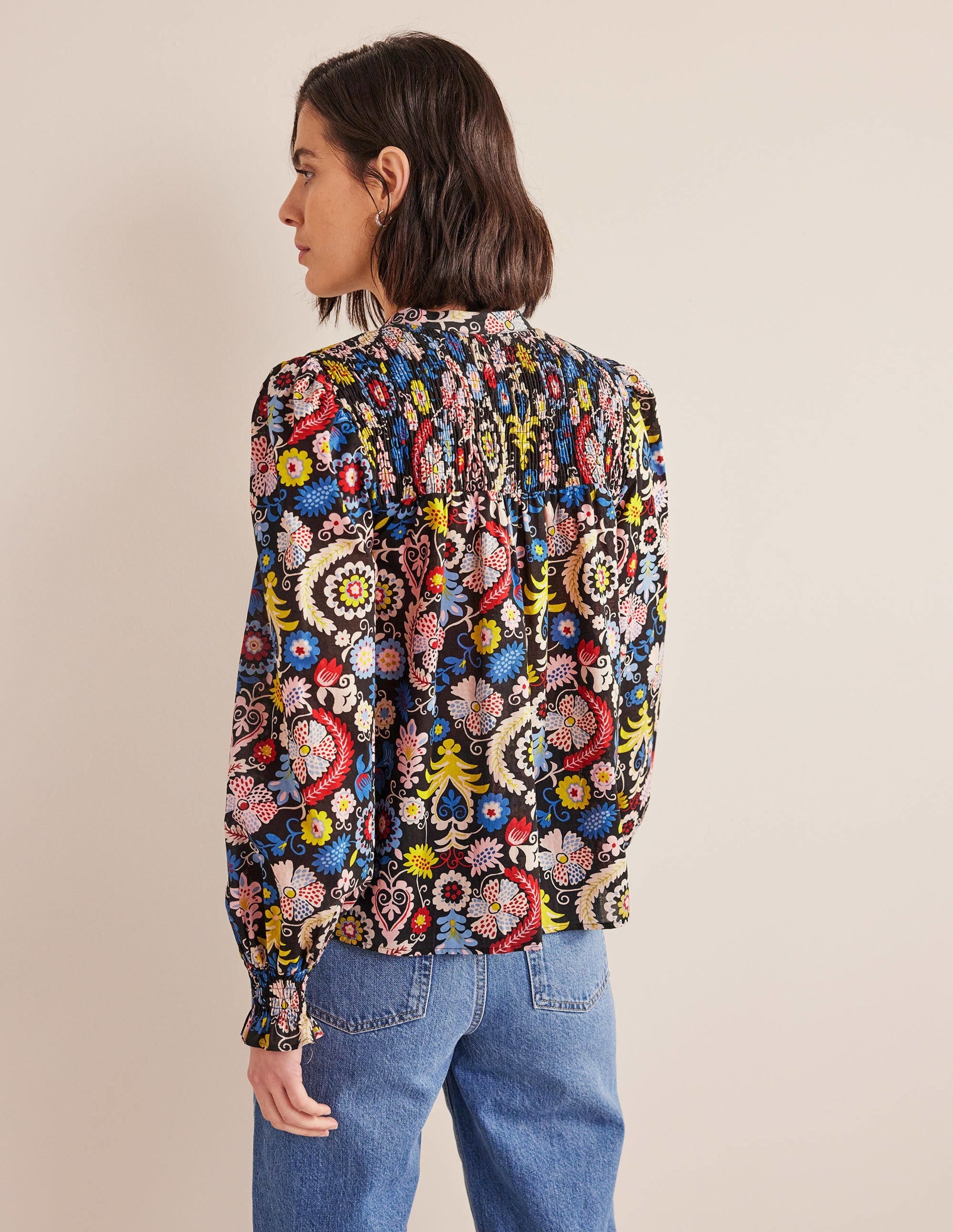 Smocked Yoke Cotton Blouse-Multi, Tropic Charm - Image 3