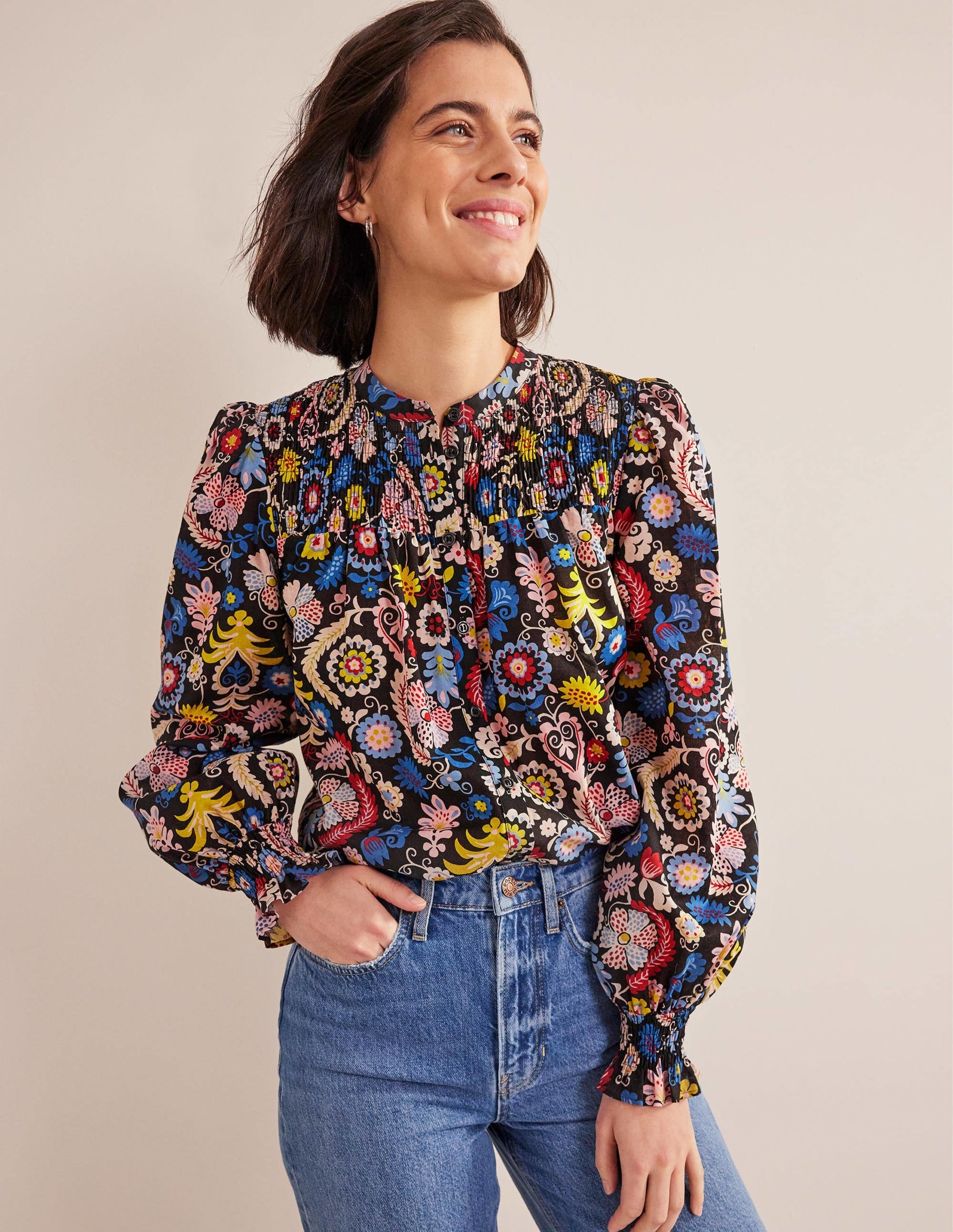 Smocked Yoke Cotton Blouse-Multi, Tropic Charm - Image 4