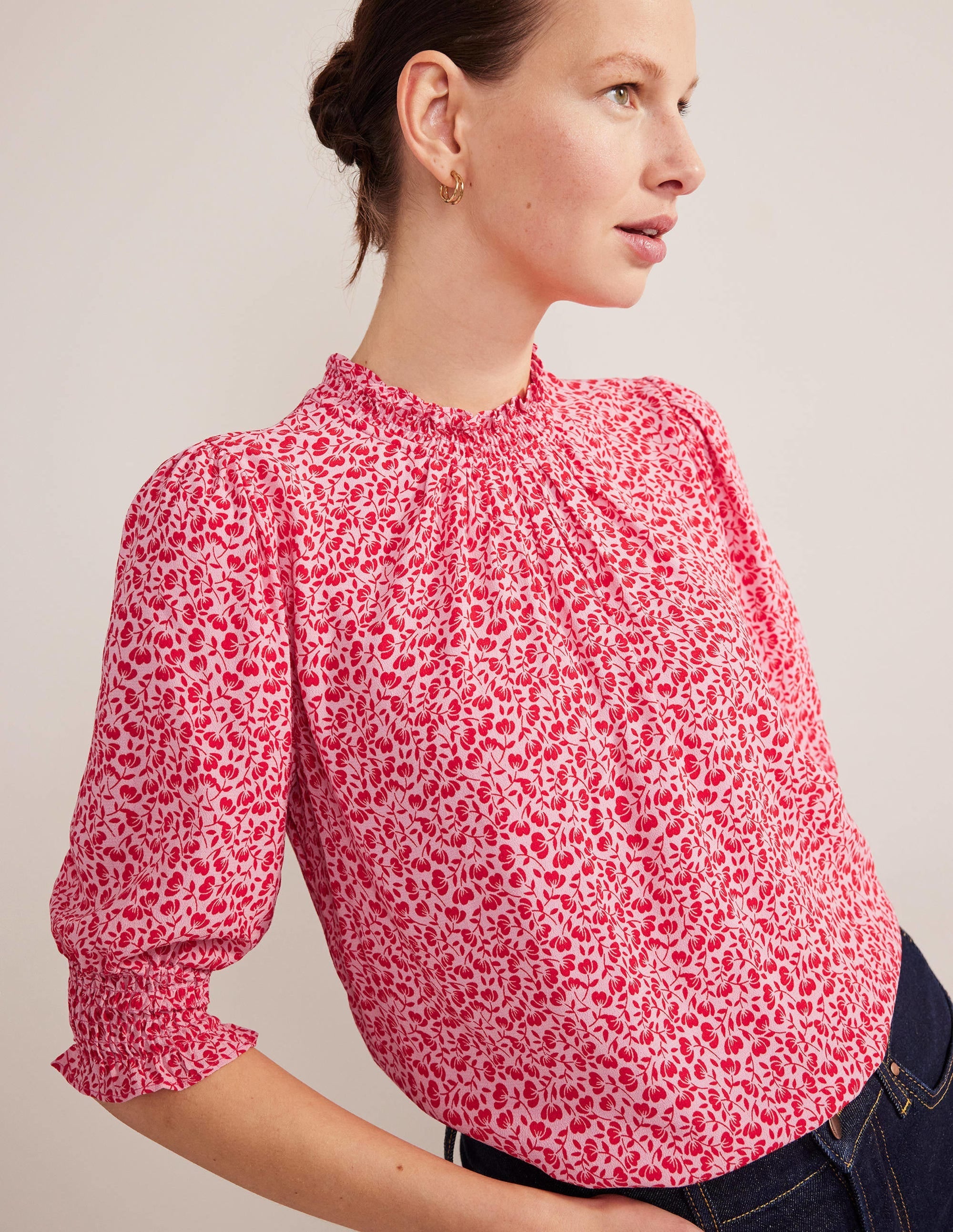 Smocked Detail Printed Top-Cameo Pink, Poppy Petal - Image 1