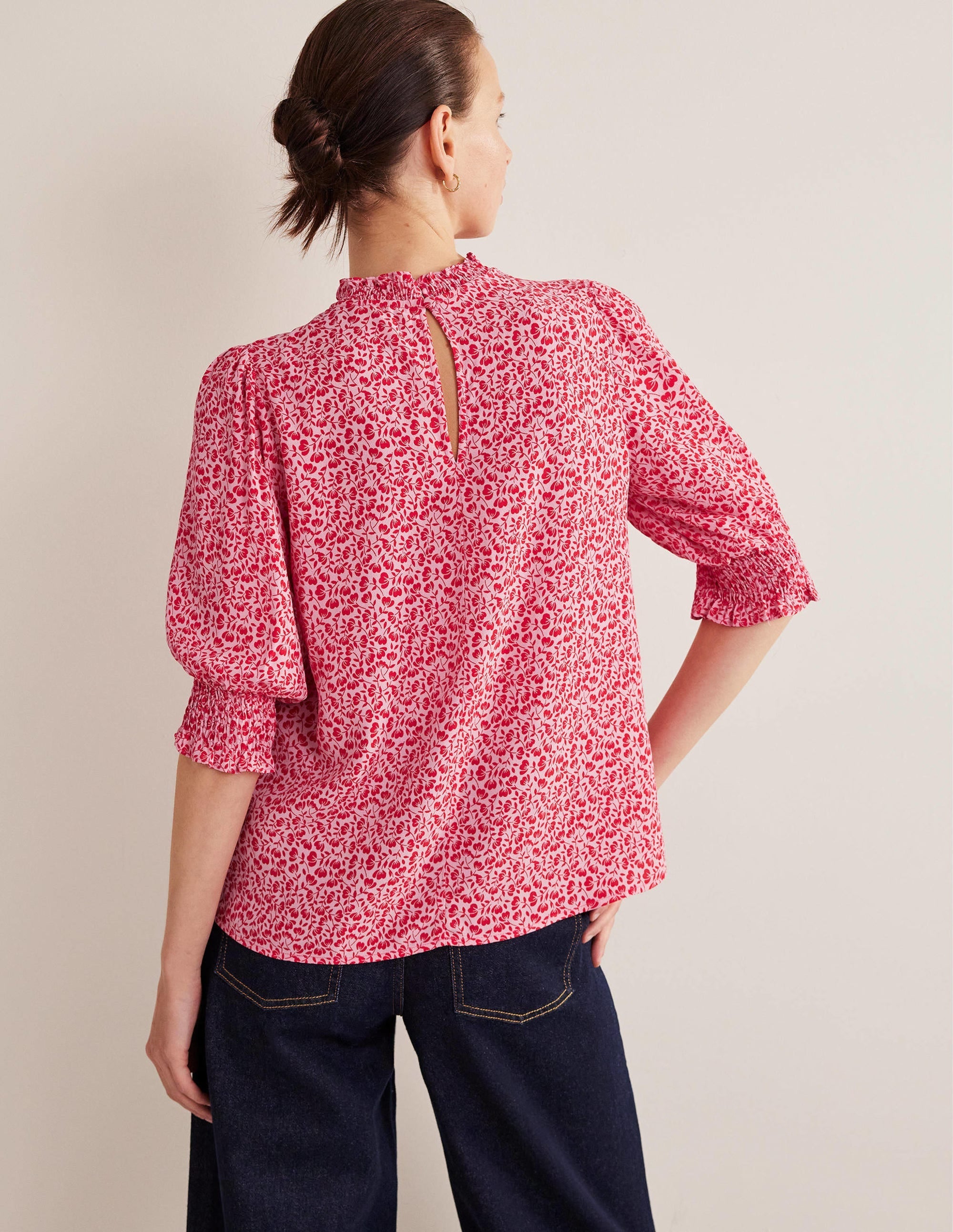 Smocked Detail Printed Top-Cameo Pink, Poppy Petal - Image 3