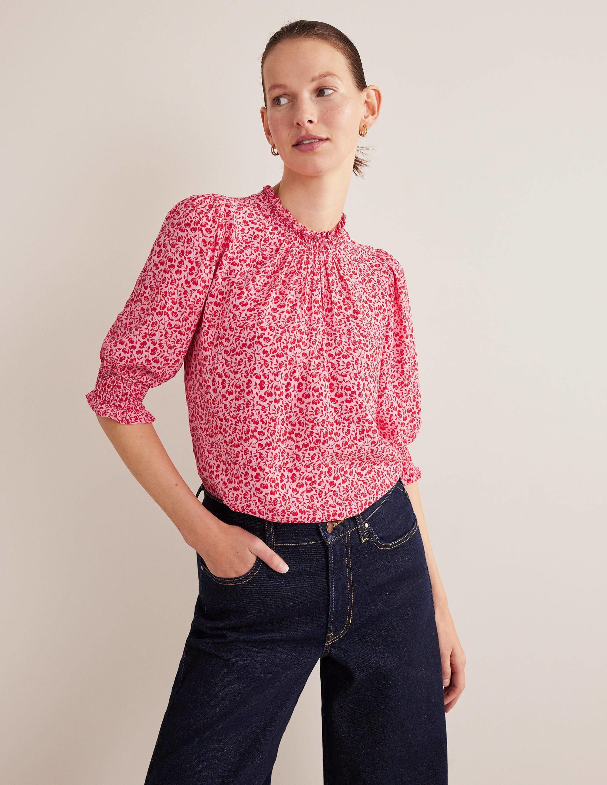 Smocked Detail Printed Top-Cameo Pink, Poppy Petal - Image 4