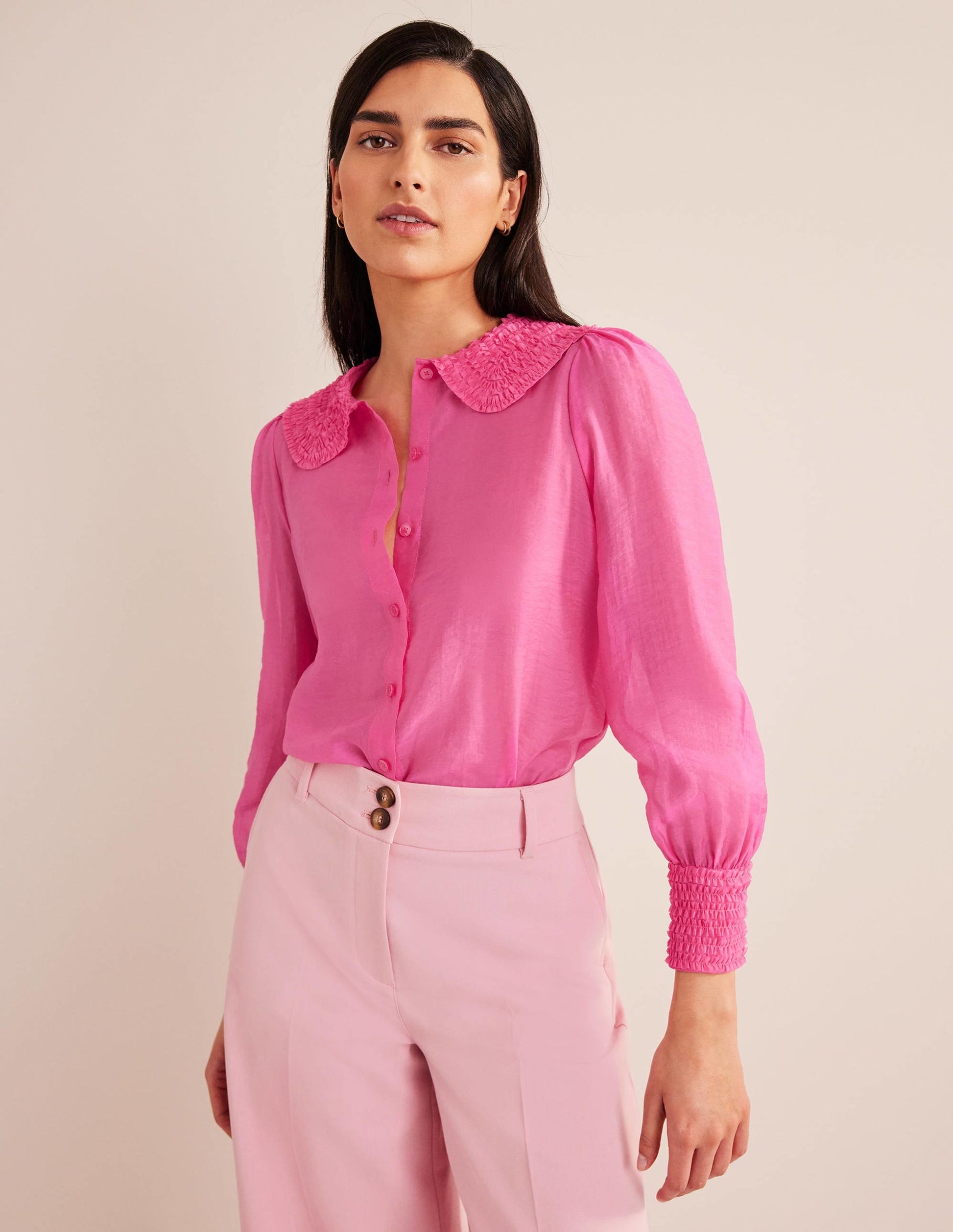 Ruffle Detail Organza Shirt-Shocking Pink-1