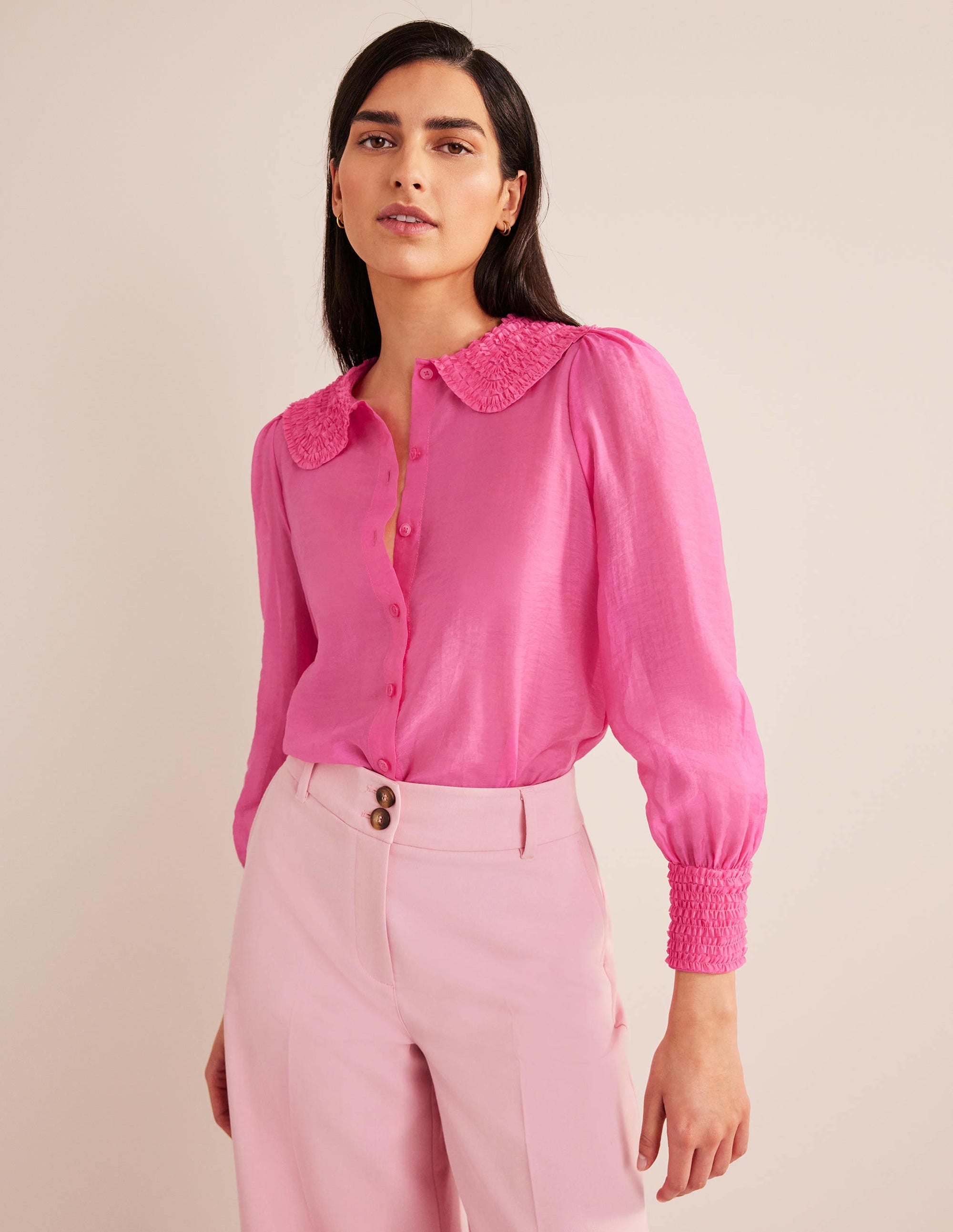 Ruffle Detail Organza Shirt-Shocking Pink - Image 1