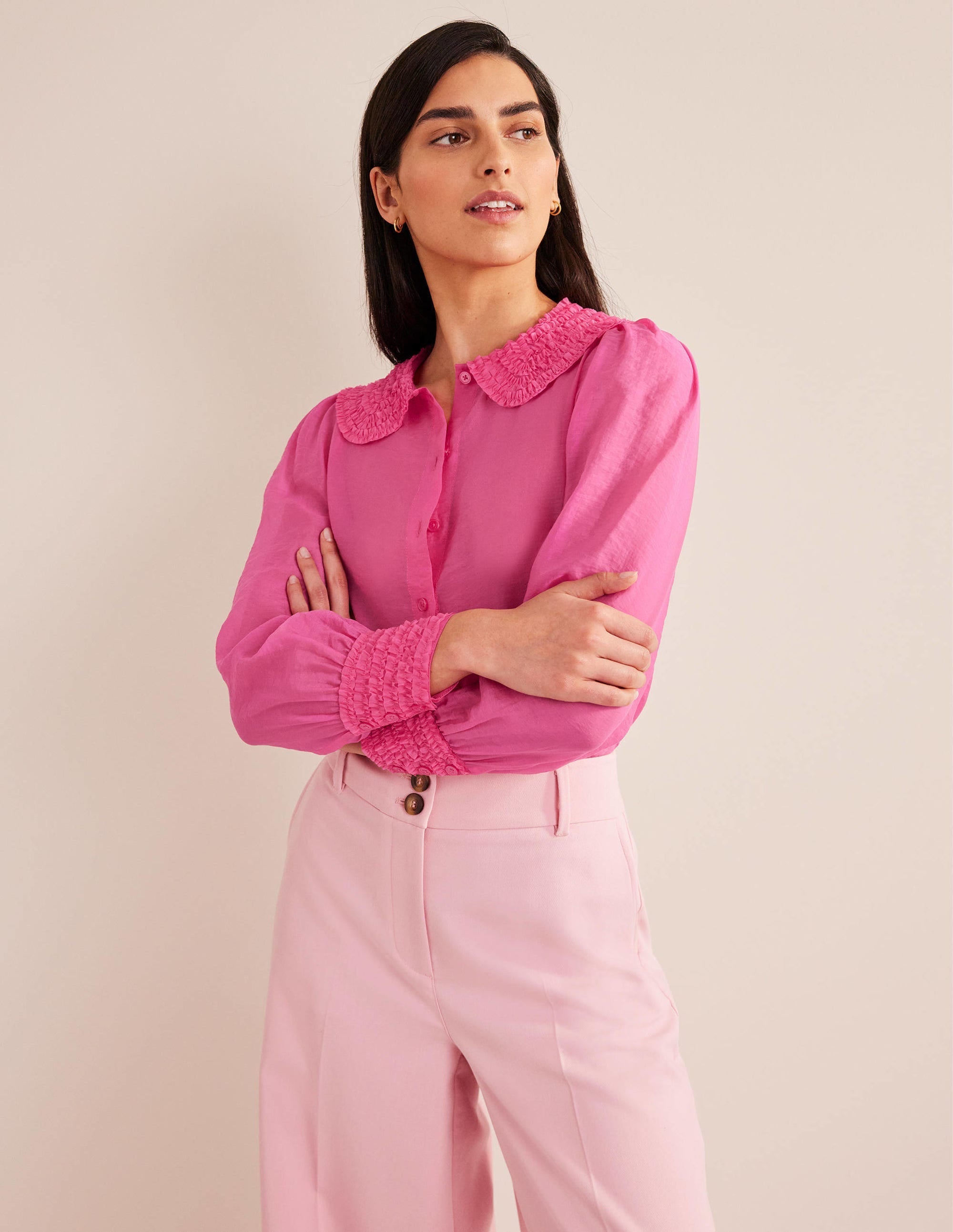 Ruffle Detail Organza Shirt-Shocking Pink - Image 4
