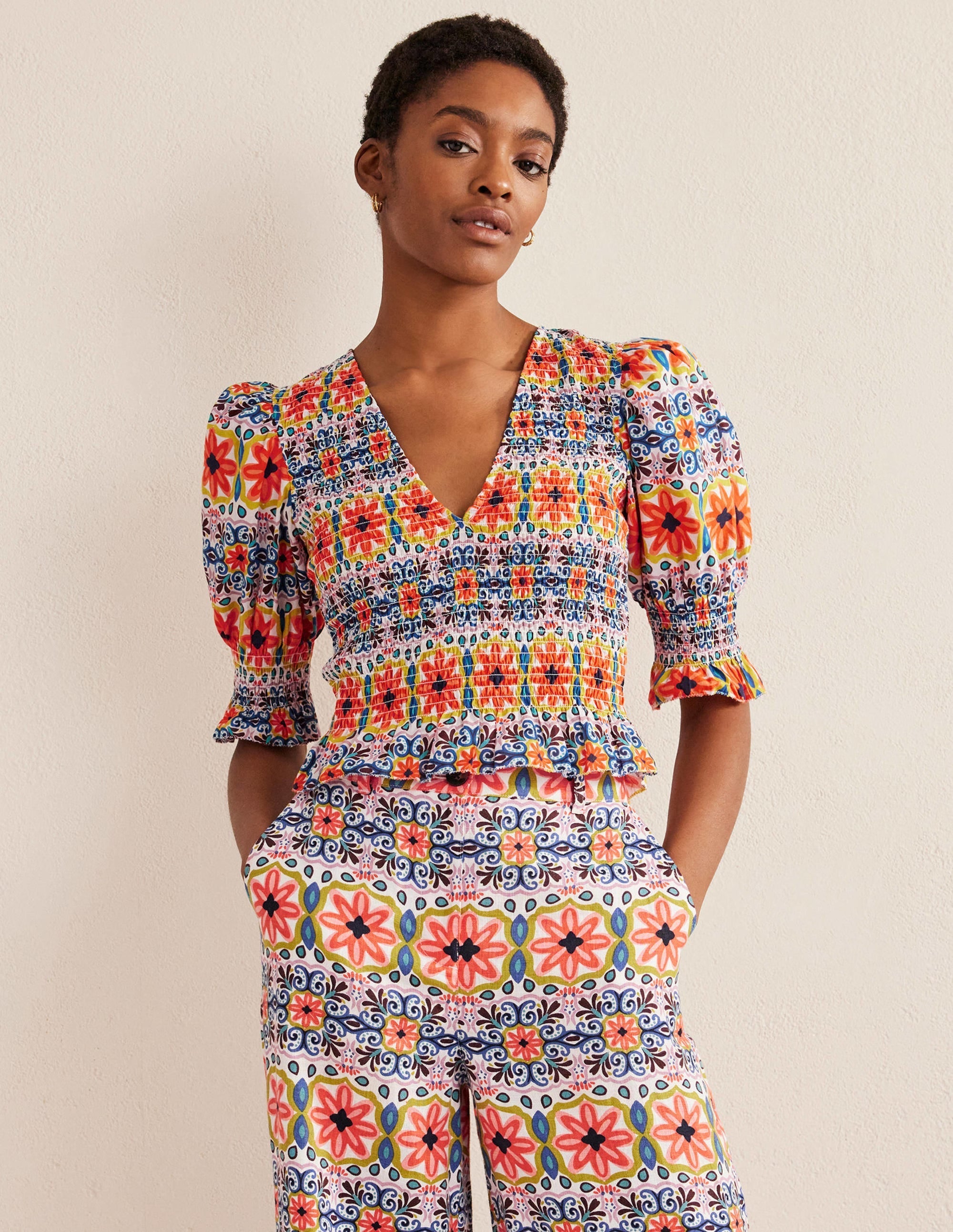 Smocked Bodice Crop Top-Multi, Tapestry Stripe - Image 1
