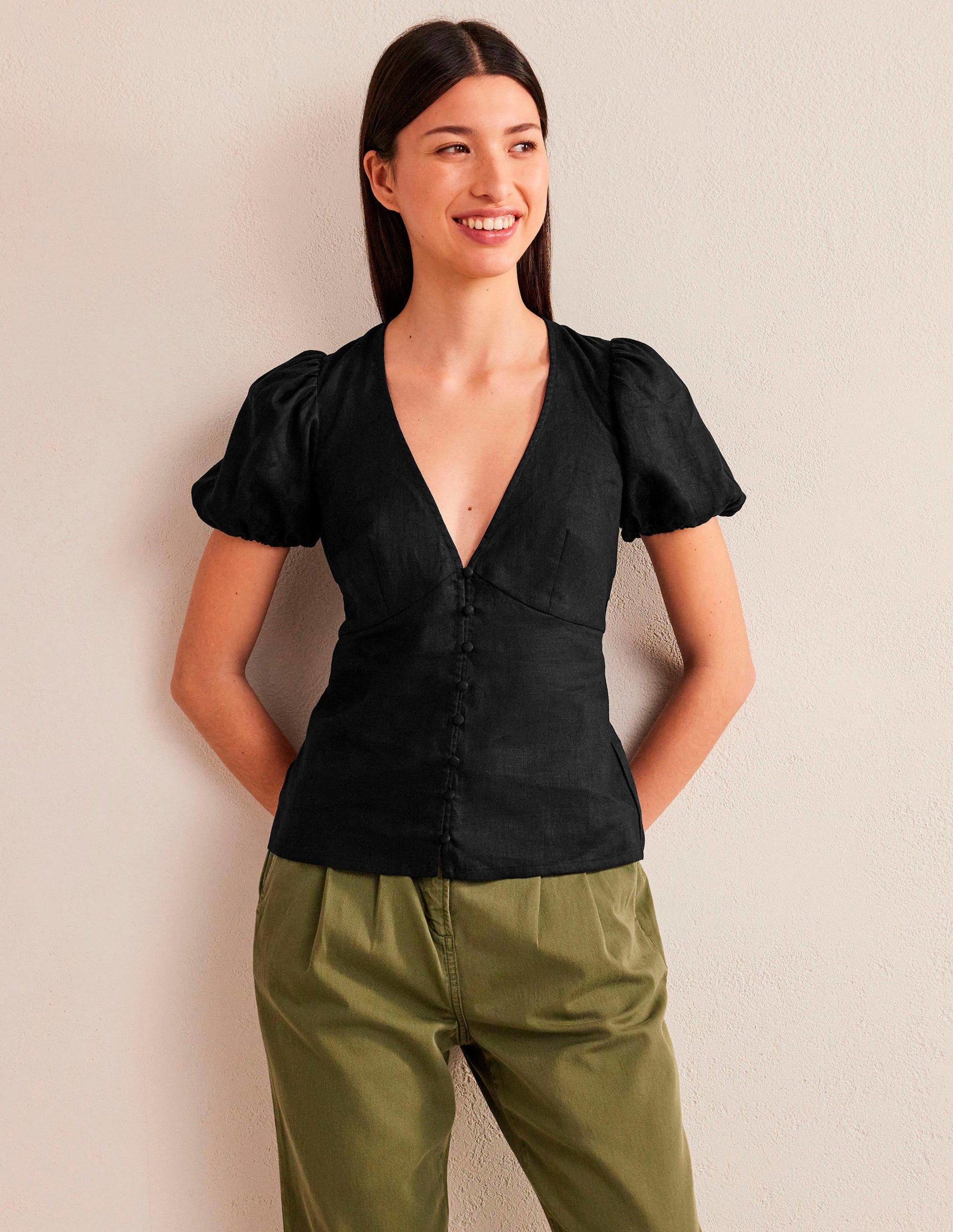 Fitted Linen V-neck Top-Black-1