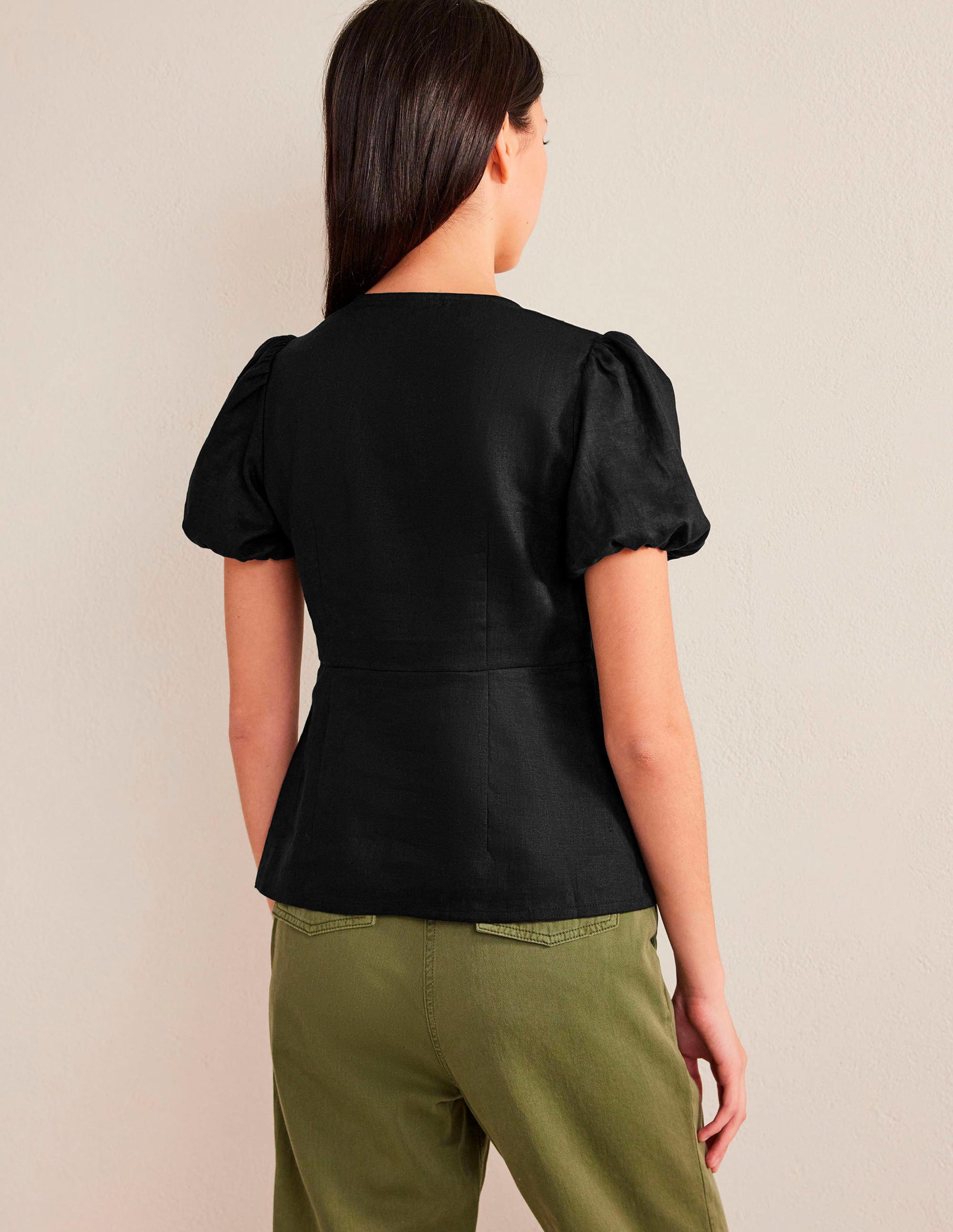 Fitted Linen V-neck Top-Black - Image 3