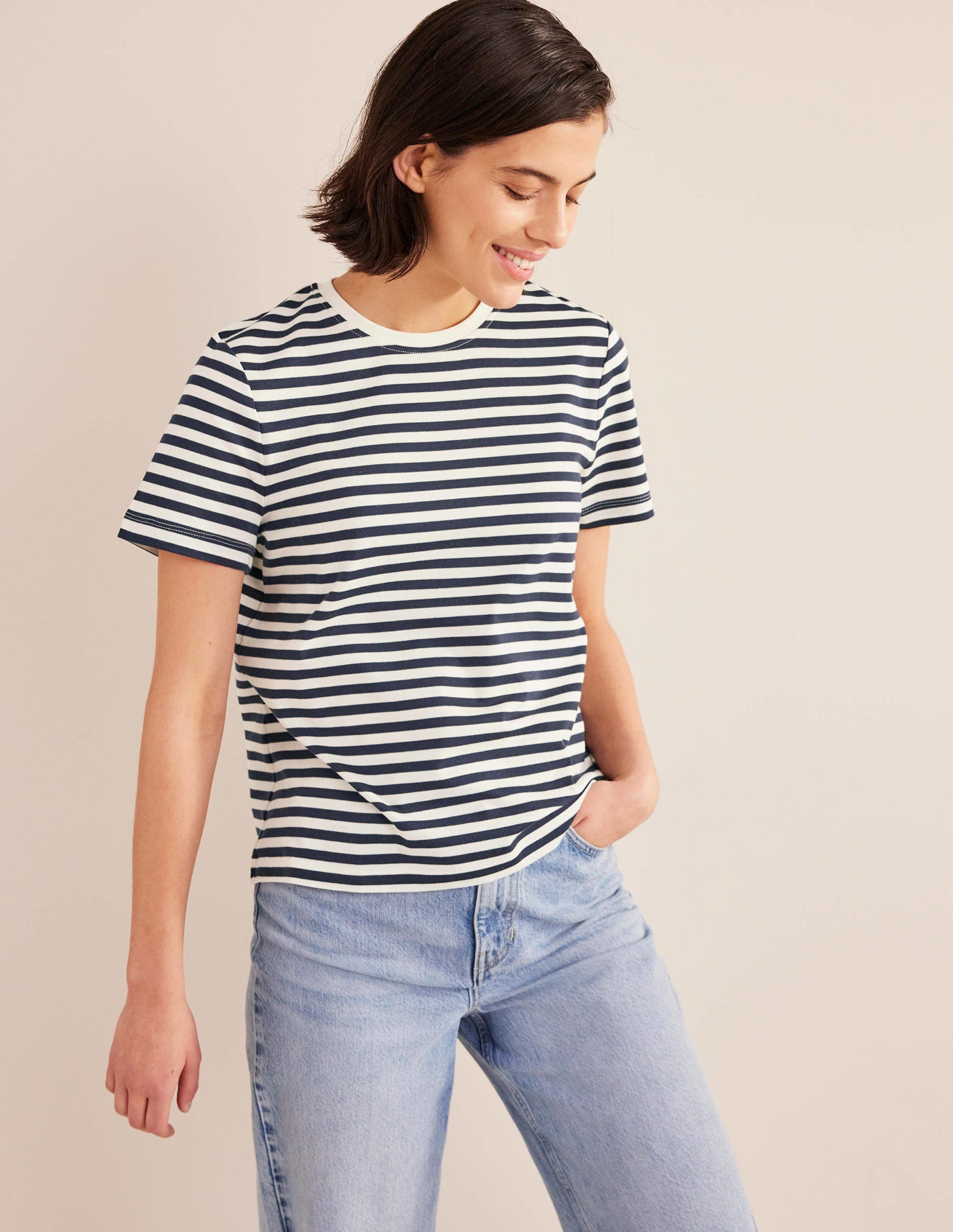 Perfect Cotton T-Shirt-Ivory / Navy Stripe-1