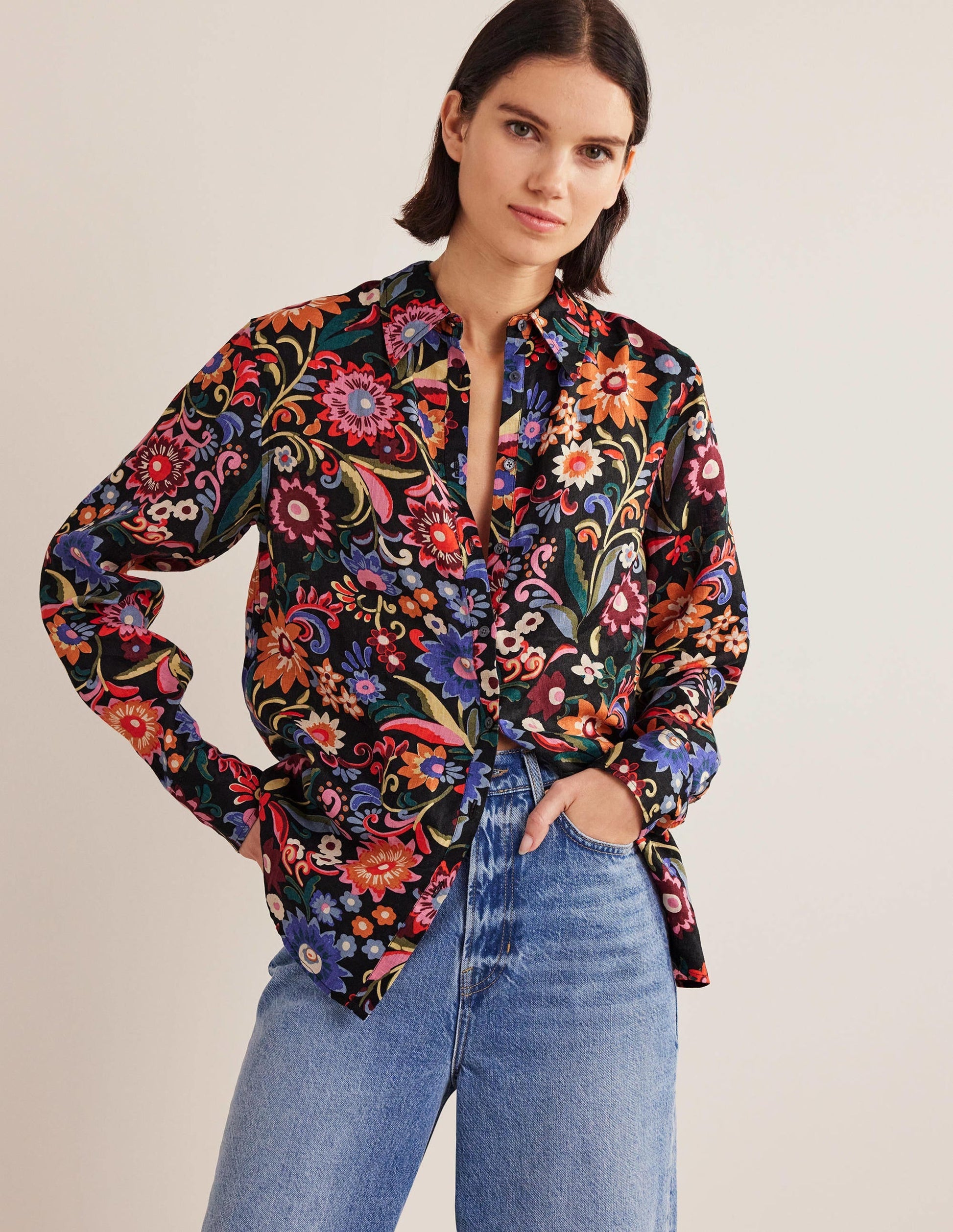 New Linen Shirt-Black, Gardenia Pop-1