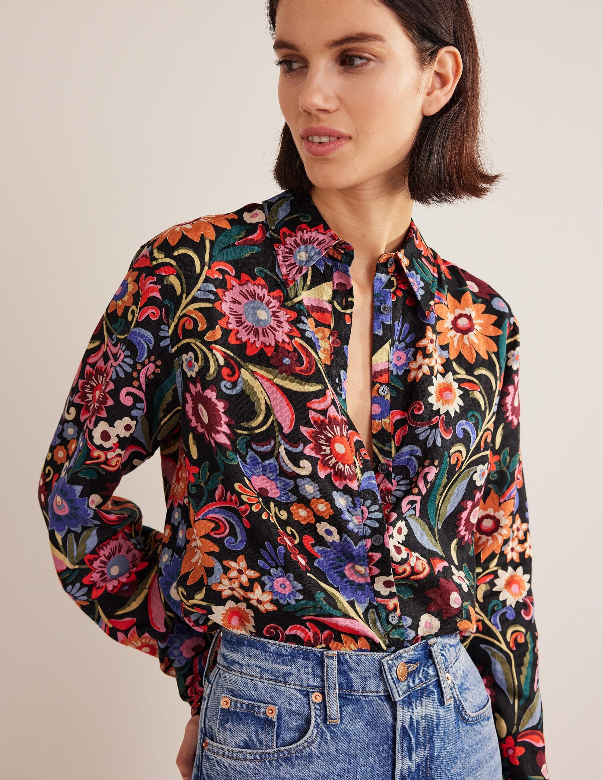 New Linen Shirt-Black, Gardenia Pop - Image 4