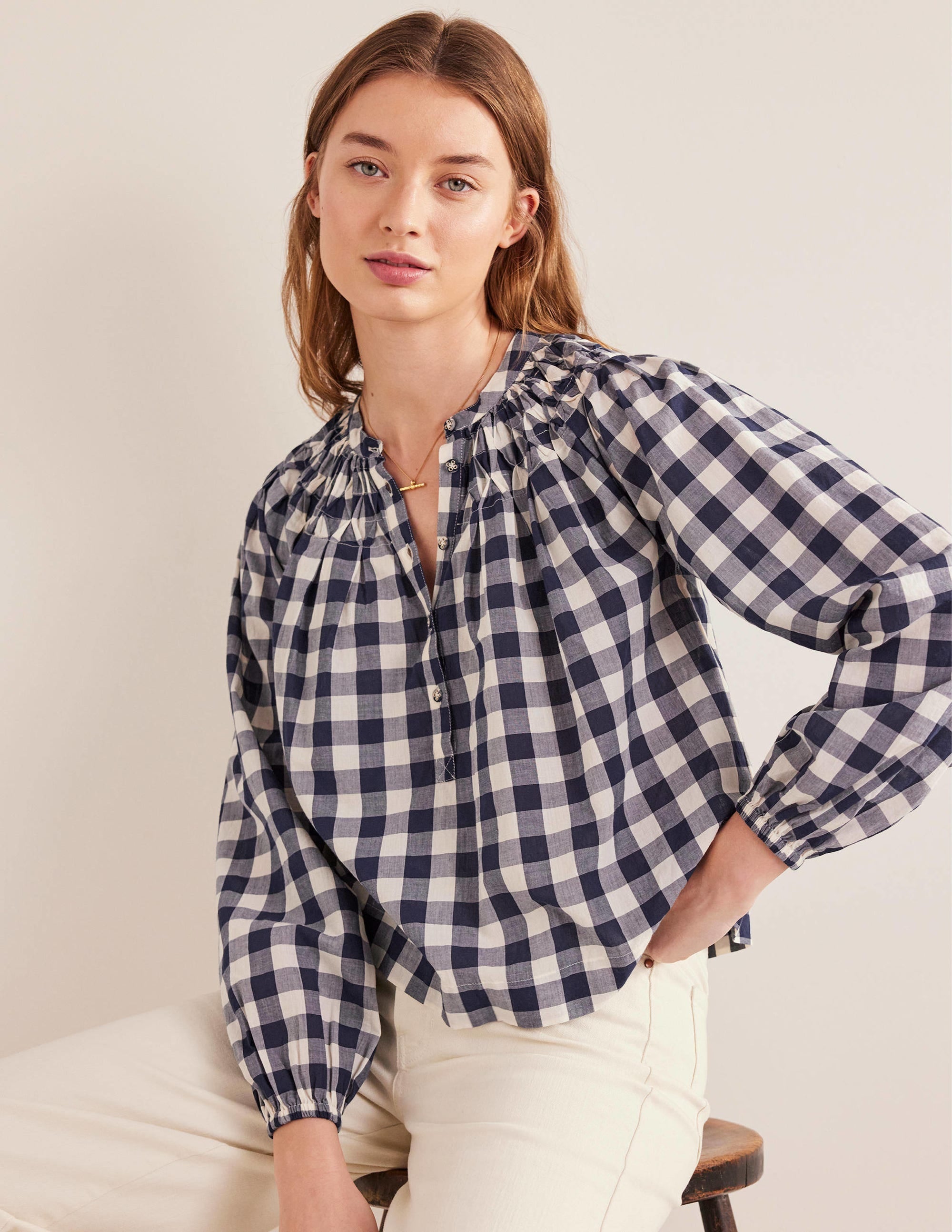 Smocking Detail Blouse-French Navy Gingham - Image 1
