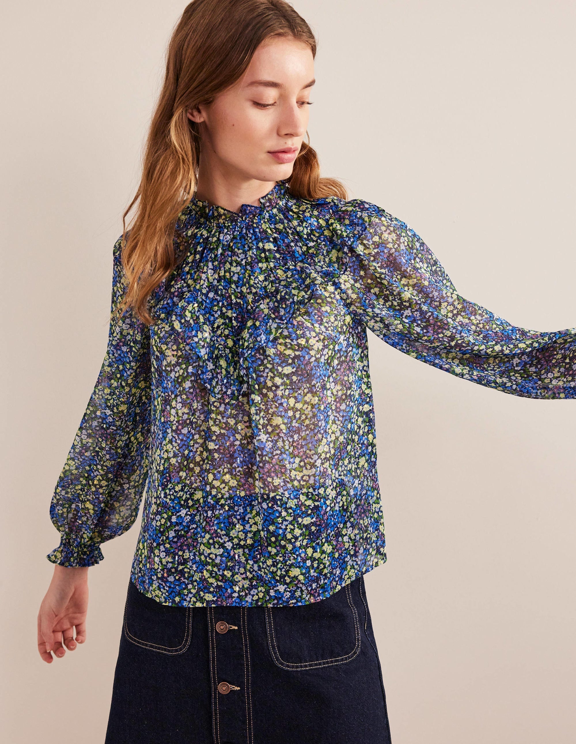 V Yoke Flounce Top-Nebulas Blue, Gardenia Petal - Image 1
