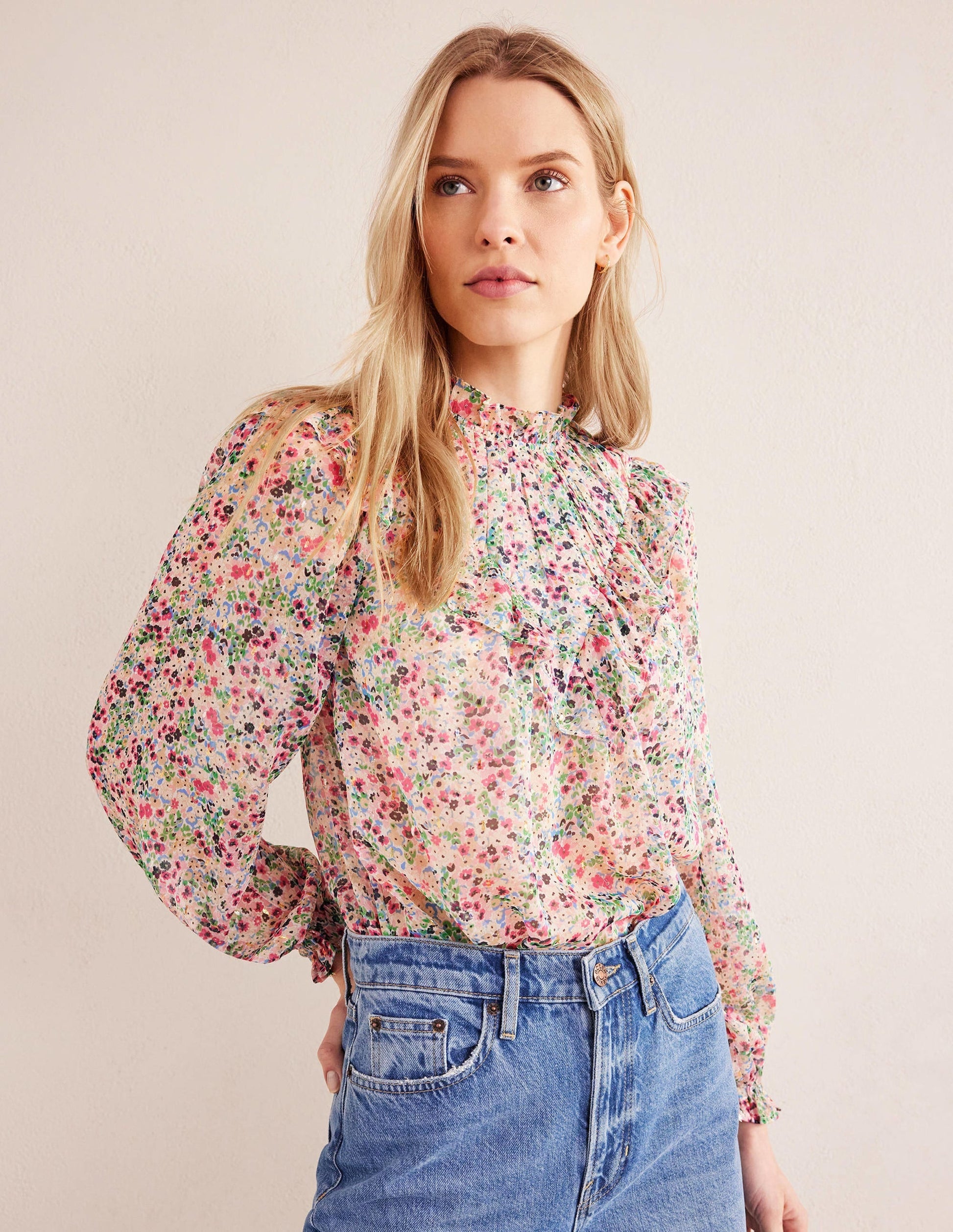 V Yoke Flounce Top-Ivory, Gardenia Petal-1