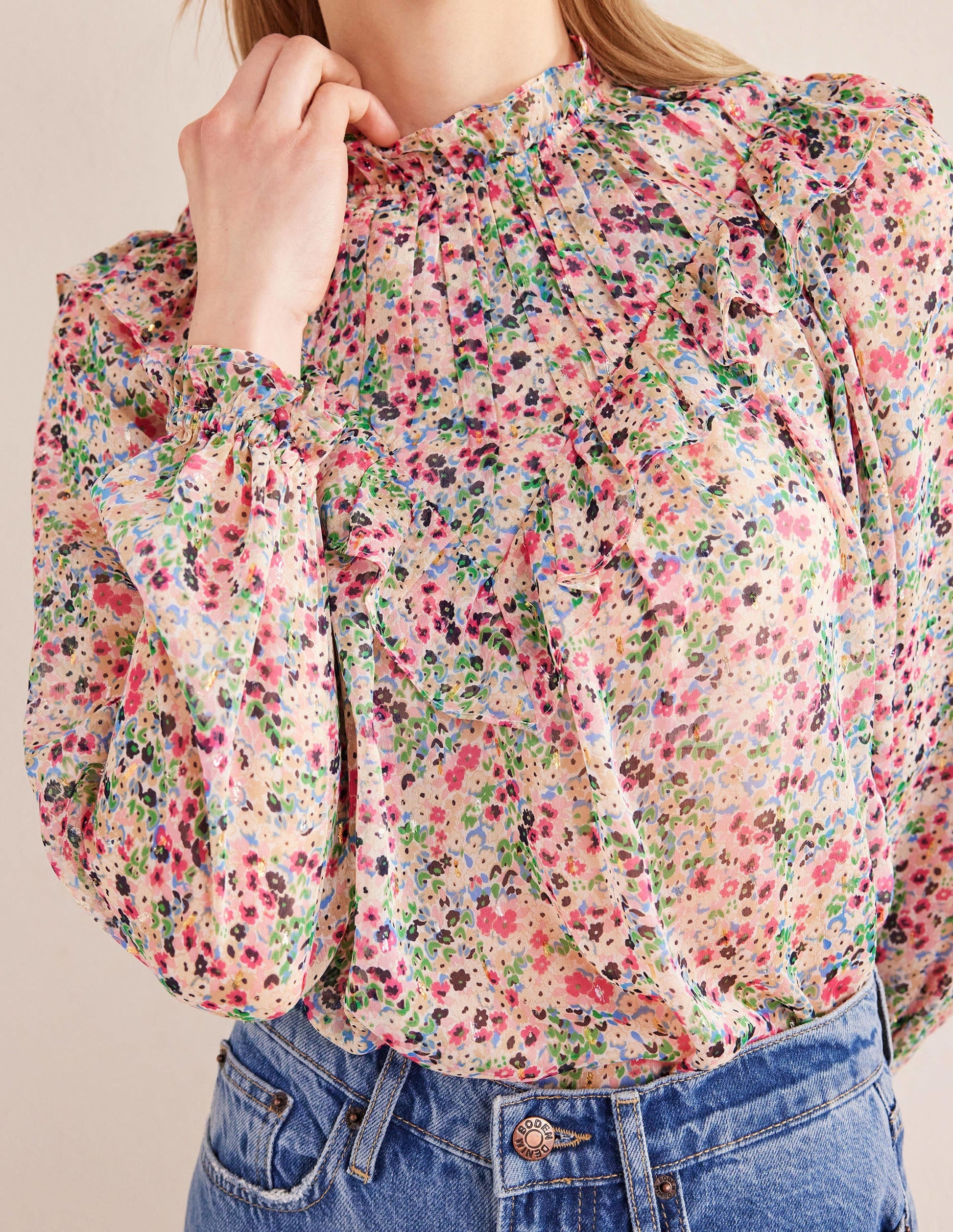 V Yoke Flounce Top-Ivory, Gardenia Petal-2