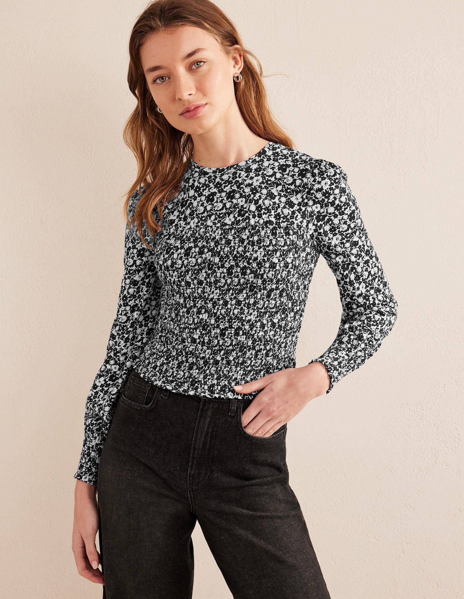 Smocked Bodice Cotton Top-Black Bloom-1
